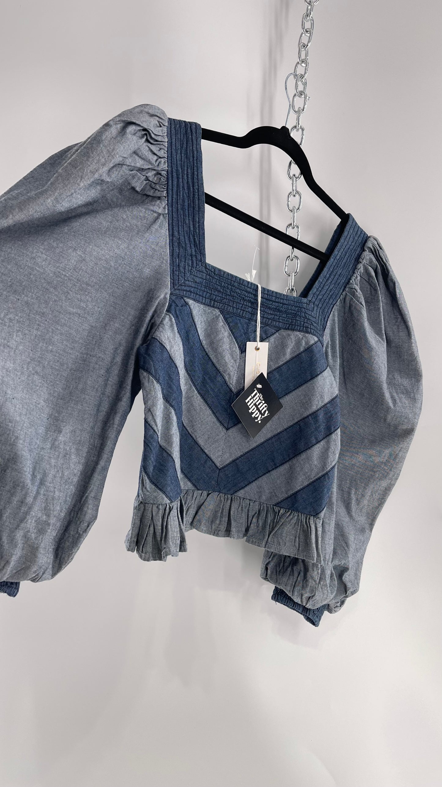 Love the Label ANTHROPOLOGIE Chambray, Chevron, Denim Smocked Blouse with Dramatic Sleeves and Tags Attached (Small)