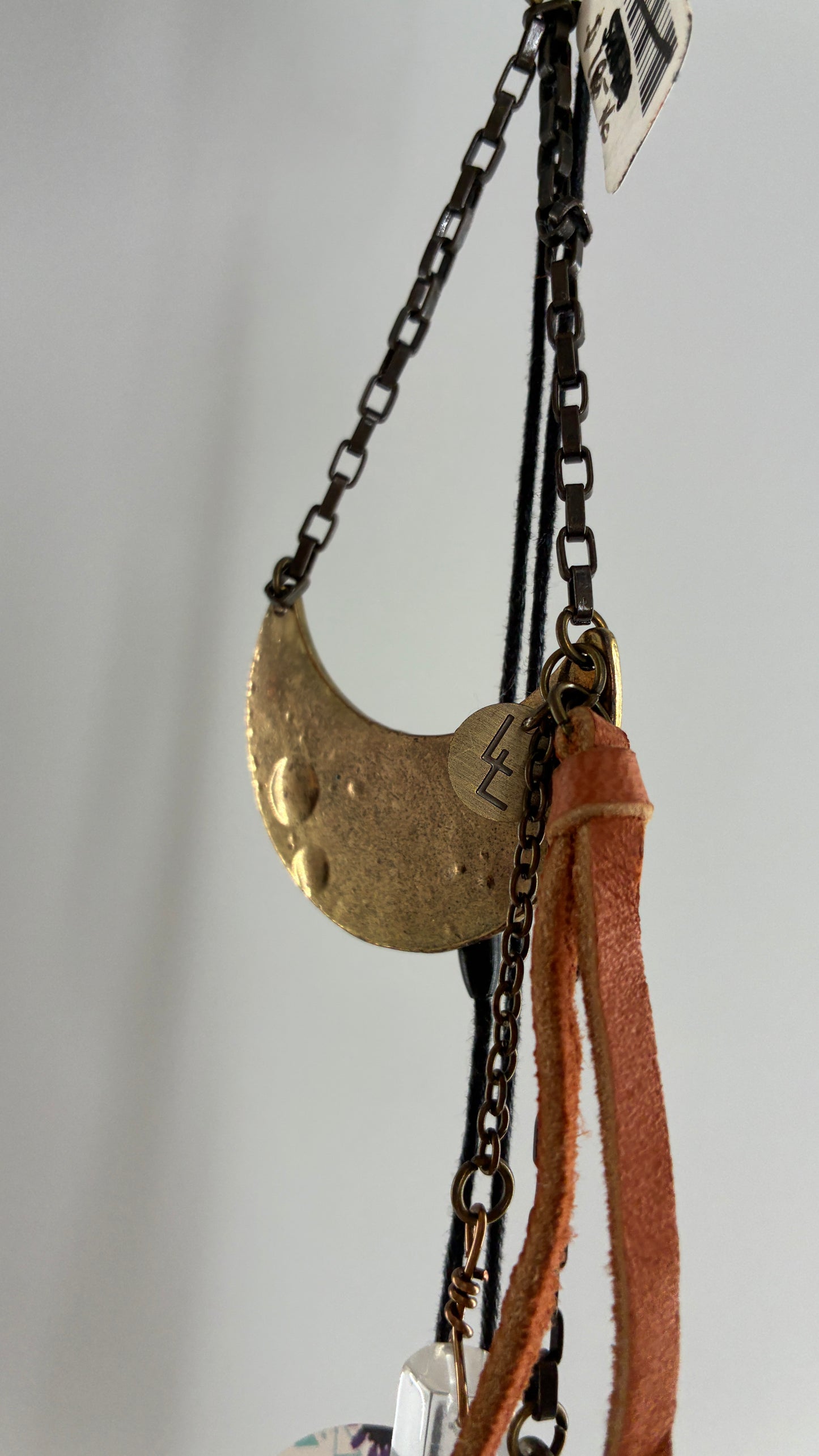 Free People Love and Leather Brass Half Moon, Crystal Dagger Keychain
