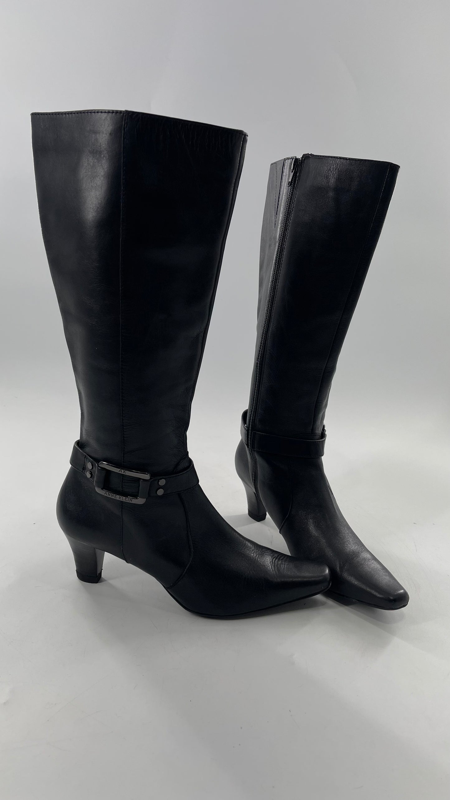 Vintage Black Anne Klein Leather Knee High Boots with Pointed Toe and Ankle Metal Buckle Detail (8)