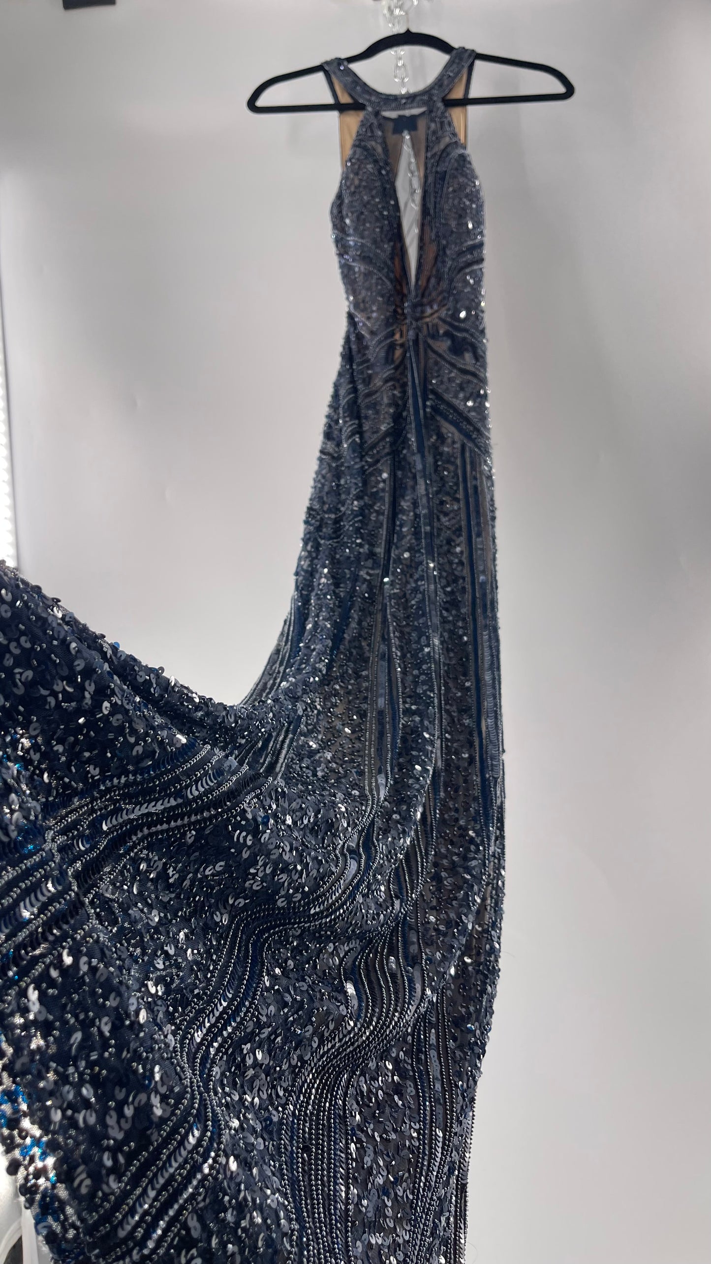 Vintage SCALA Navy Blue Beaded Floor Length Gown with Plunging Neckline, Backless Detail, and Tan Underlay (C)(4)