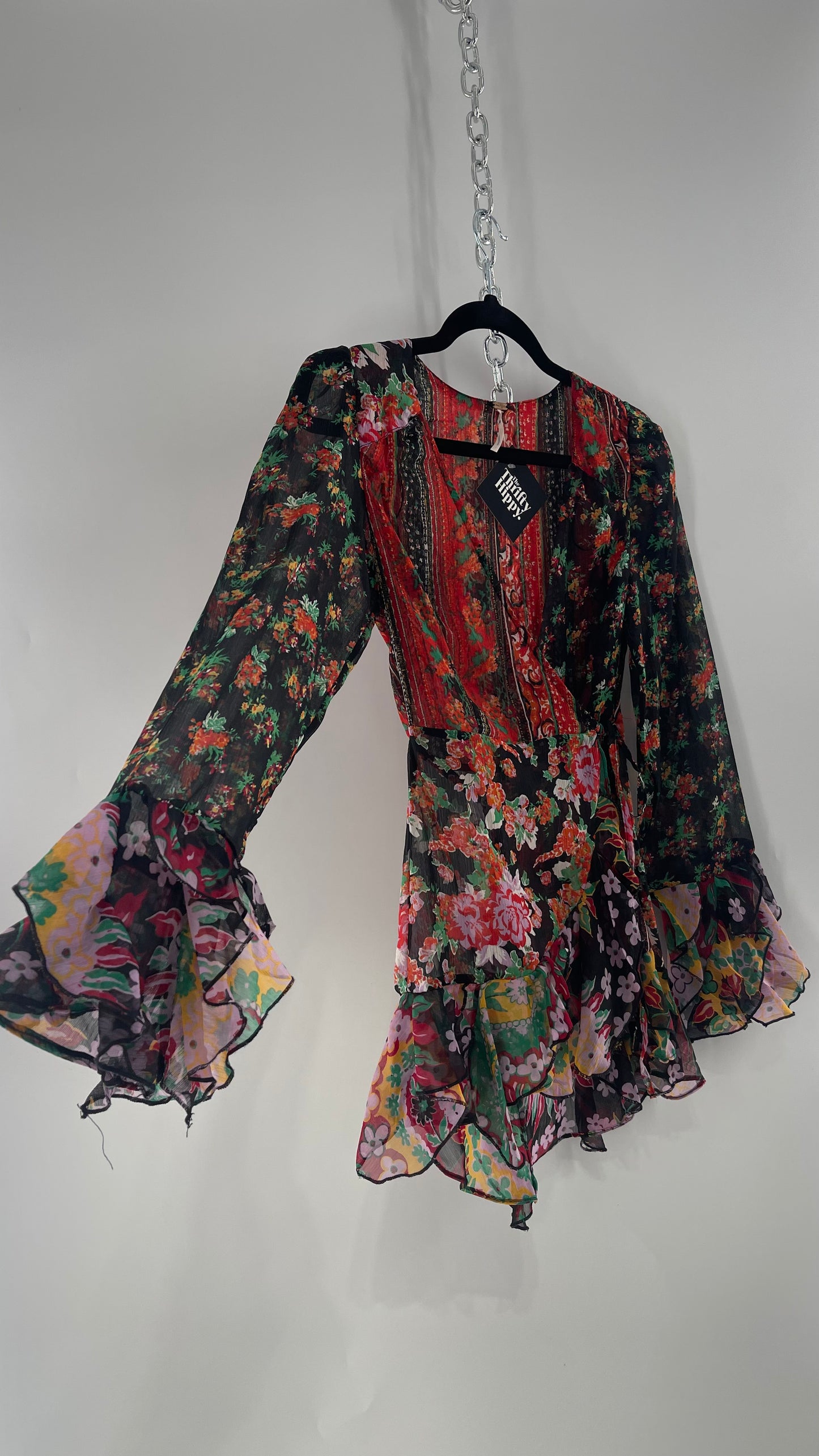 Free People Black Colorful Floral Tie Front Blouse with Ruffled Sleeves and Hem(XS)