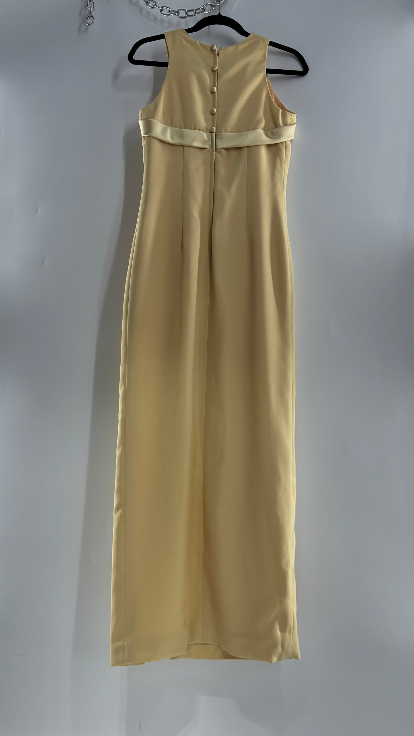 Vintage ALYCE’S Baby Yellow High Neck Satin Bow Bust, Side Slit, Button Back Gown (Measured)