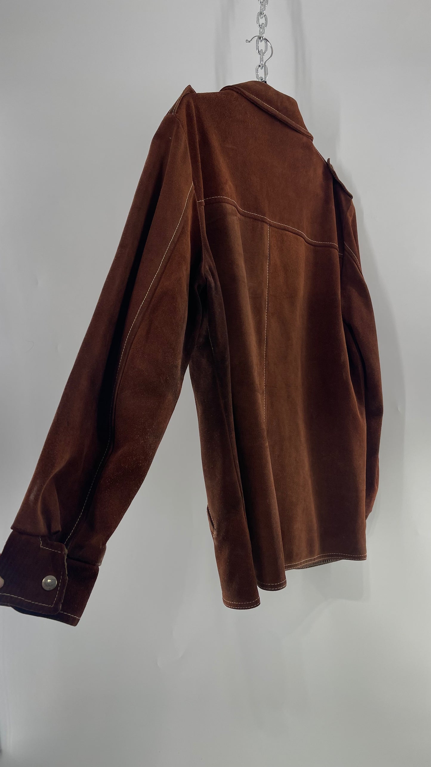Vintage Brown Suede Jacket with Contrast White Stitching (C)(Large)
