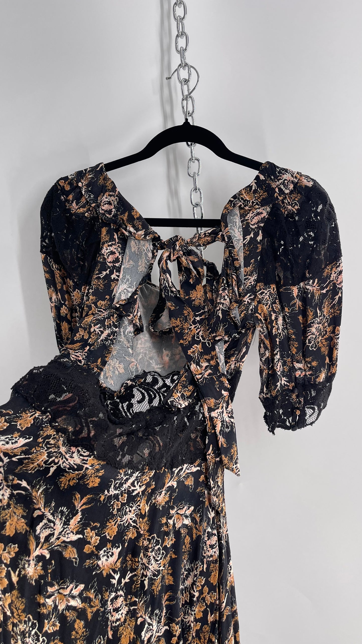 Free People Black Floral Mini Dress with Open Back and Lace Details (4)