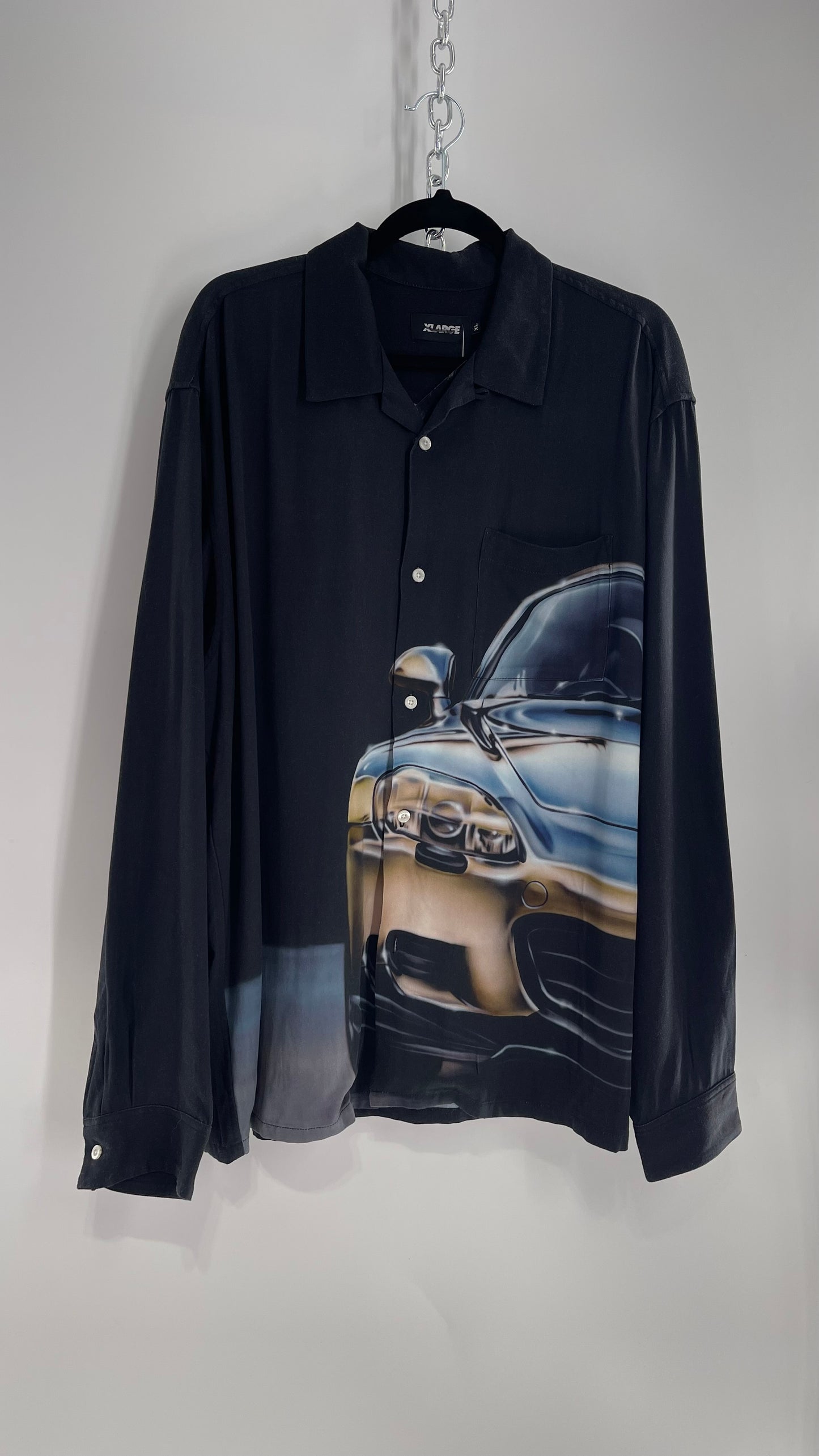 XLARGE Black 100% Rayon Men’s Button Up with HD Futuristic Car Graphic (XL)