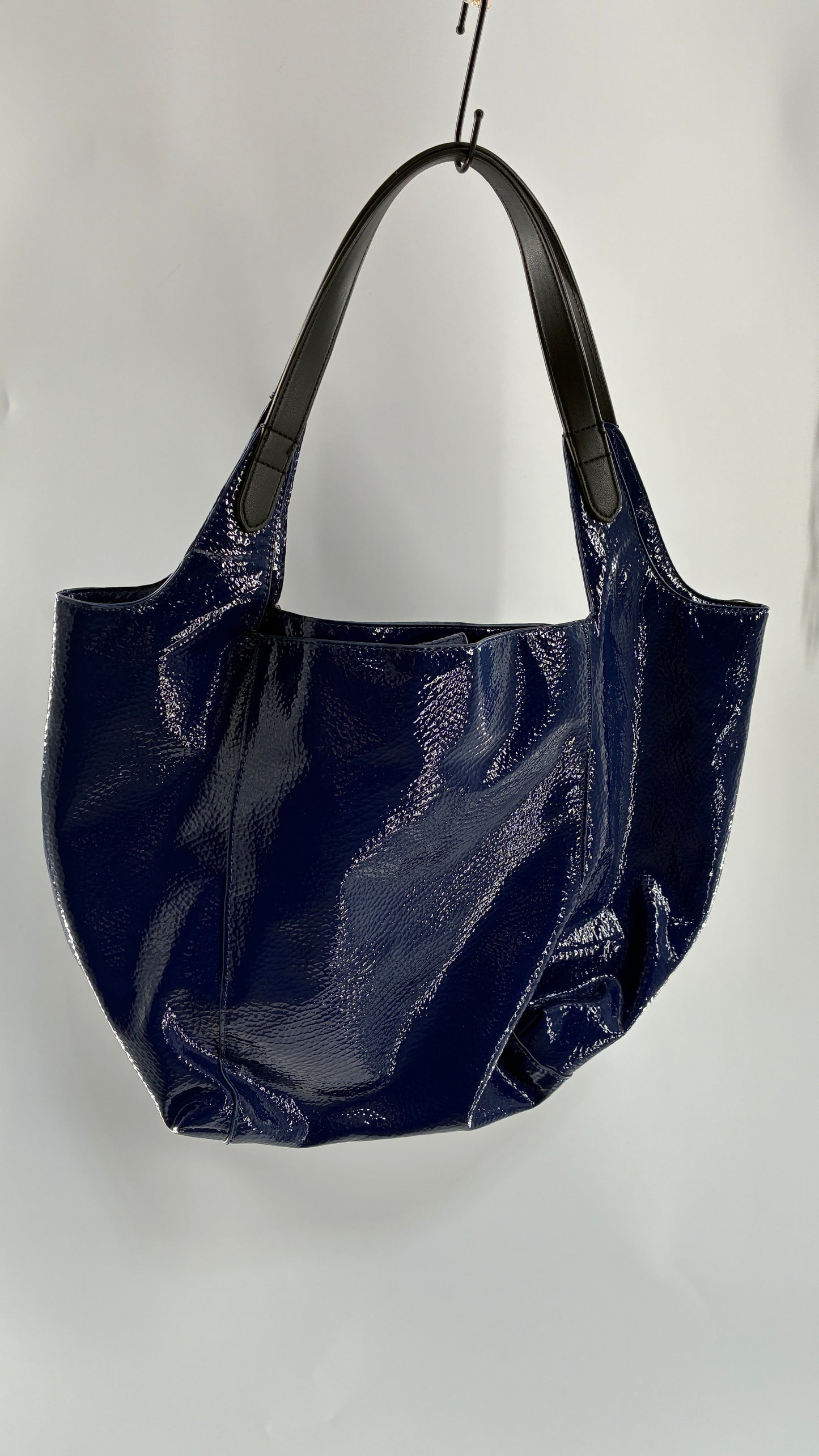 Vintage ARMANI EXCHANGE Navy Blue Patent Tote Bag with Contrasting Red Zipper