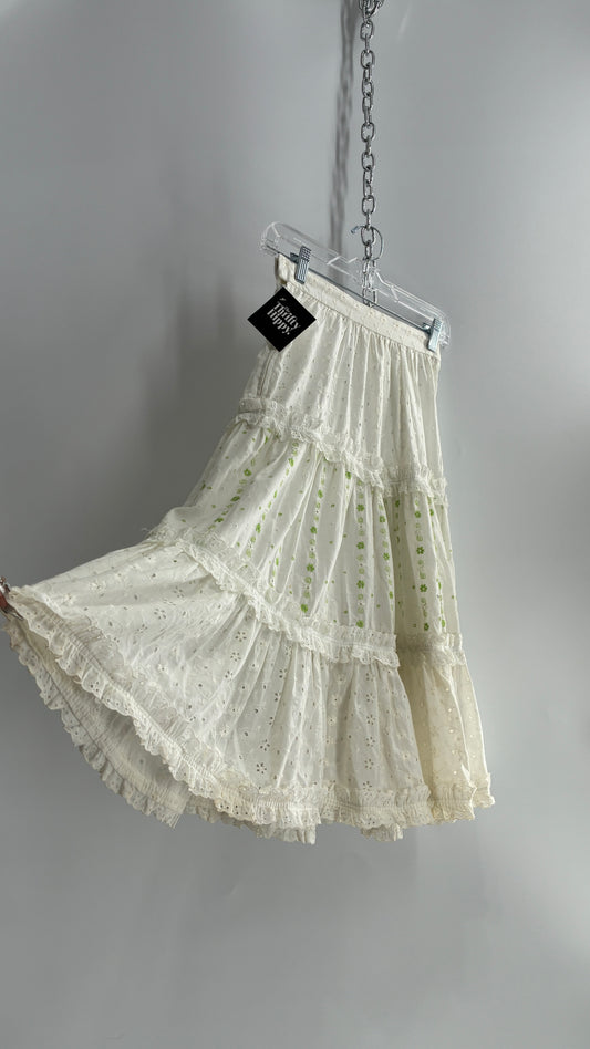 Vintage White Eyelet Lace Tiered Skirt with Ruffled Lace and Green Floral Embroidery (XS)
