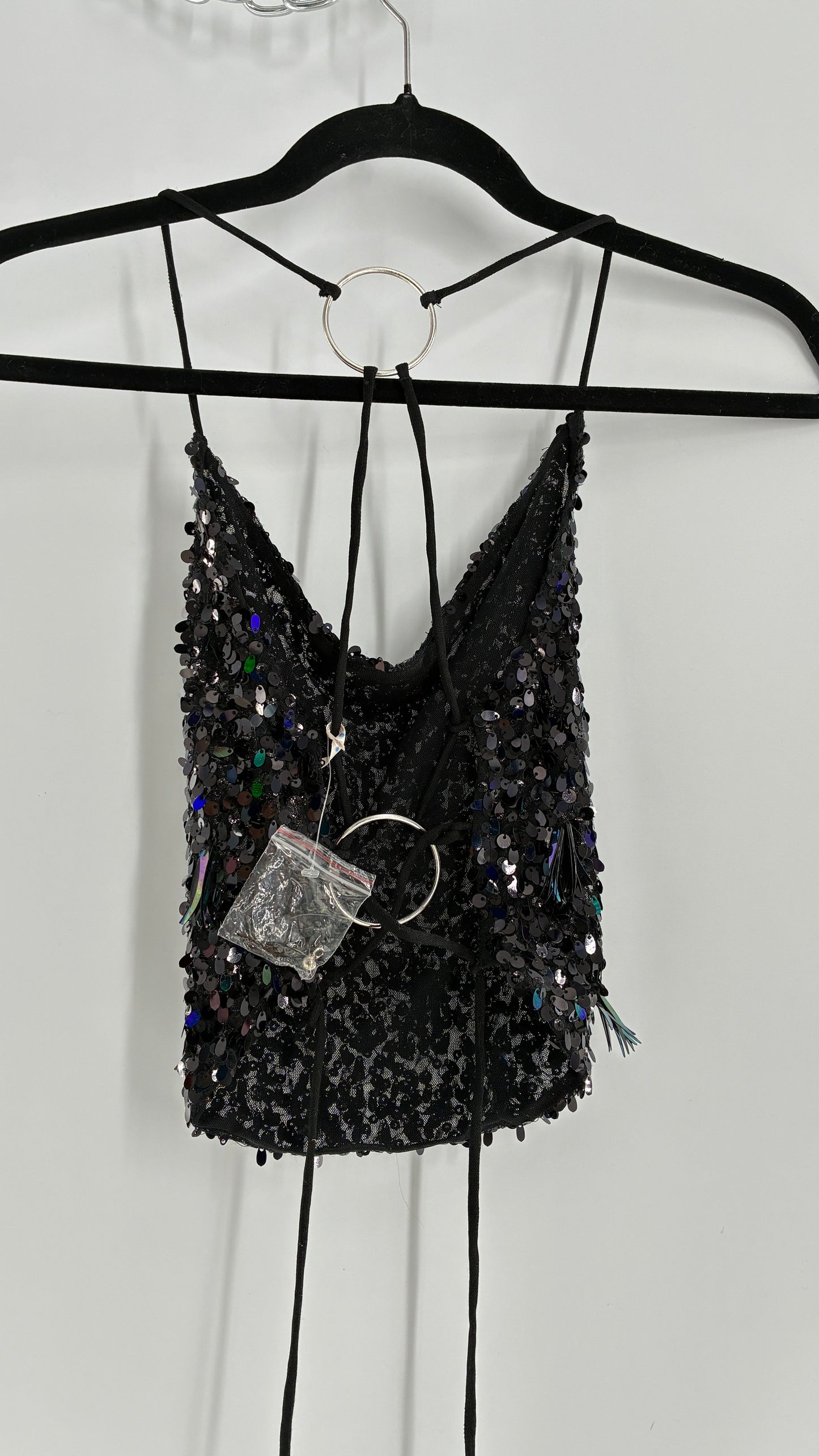 Free People Black Open, Tie Up Back Camisole Covered in Sequins with Silver Hoop Details (XS)