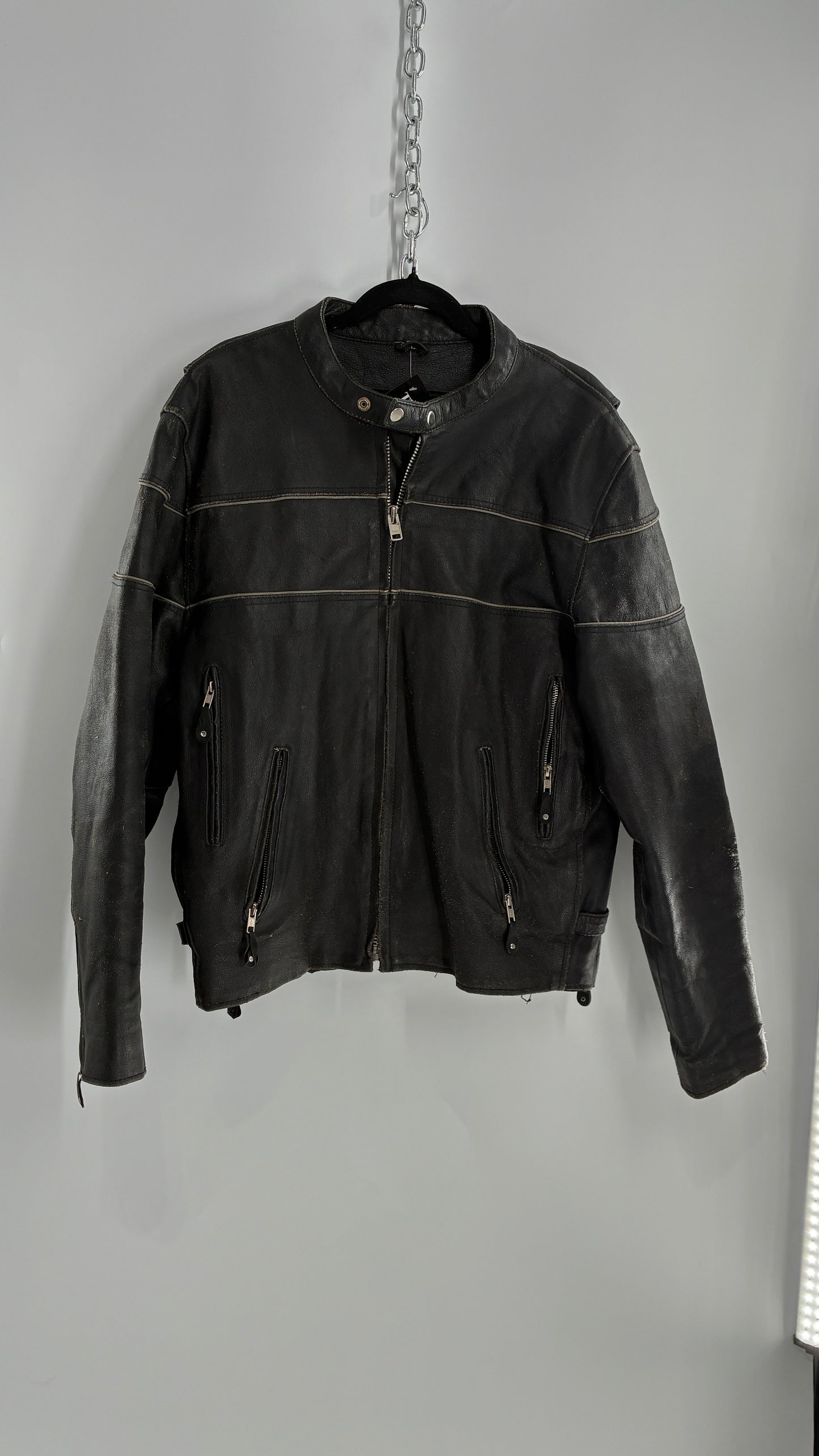 Vintage Distressed Genuine Leather Motorcycle Jacket with Zippered Pockets, Cuffs, and Sides (Large)