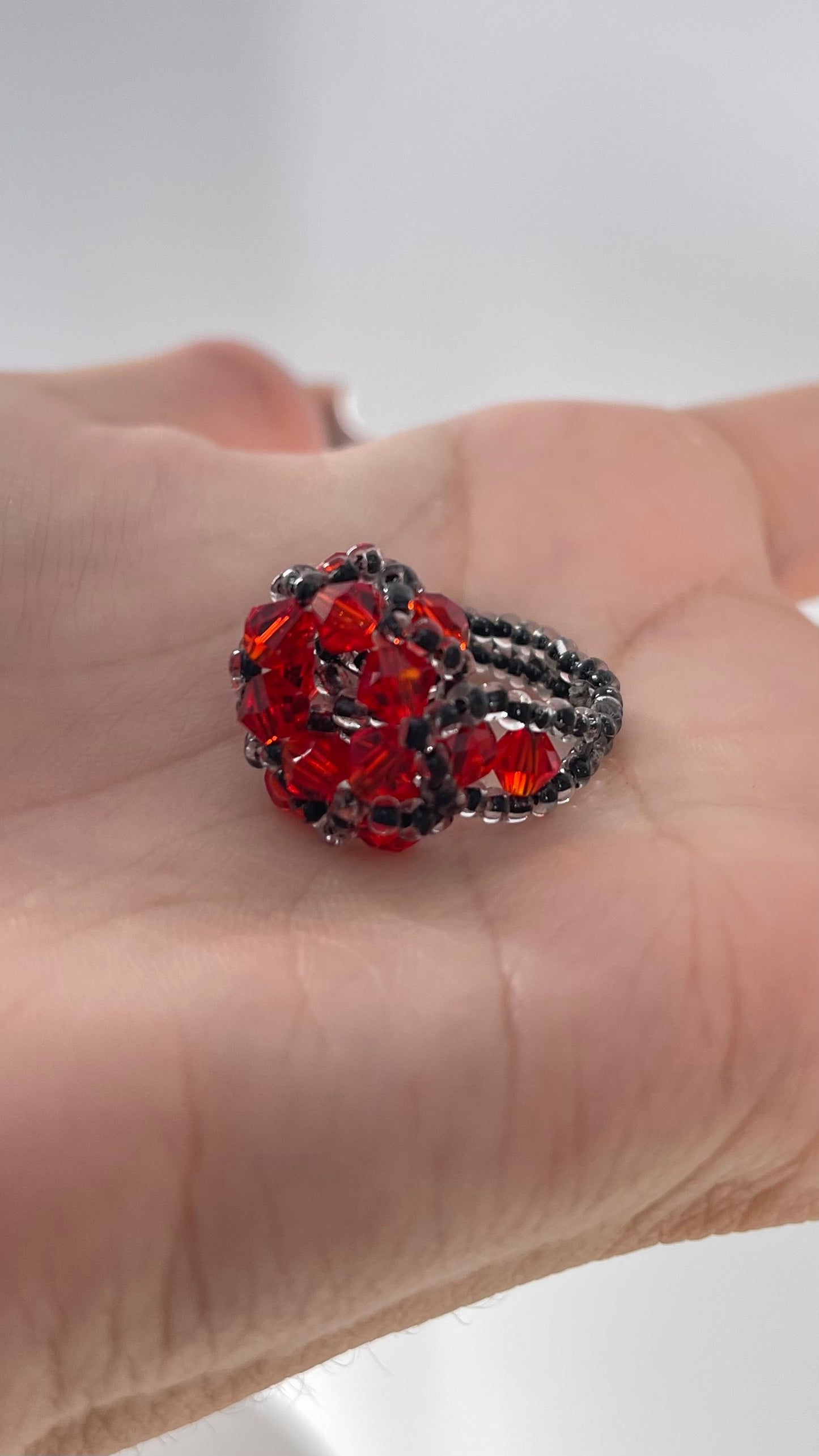 Vintage 1970s Red and Black Beaded Ring
