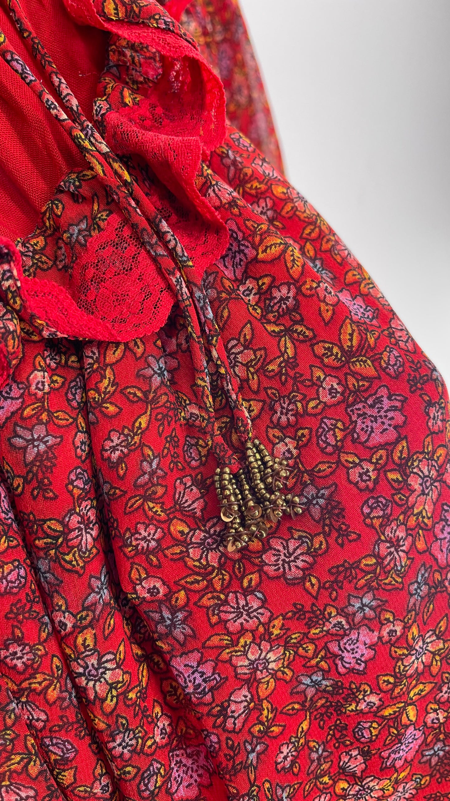 Free People Red Floral Mini Dress with Lace Trim, Open Back and Balloon Sleeves (Small)