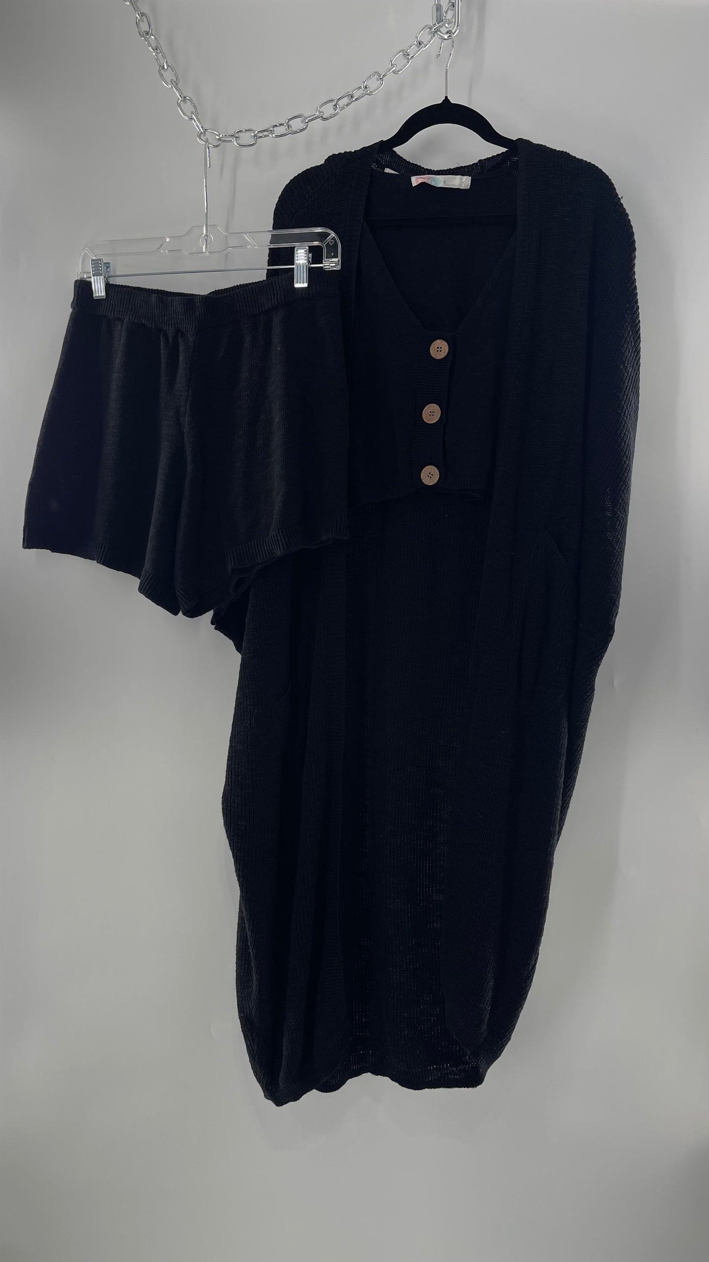 Free People Kai 3 piece Black Knit Cardigan, Tank, Shorts Set with Extra Button Never Worn (Medium)