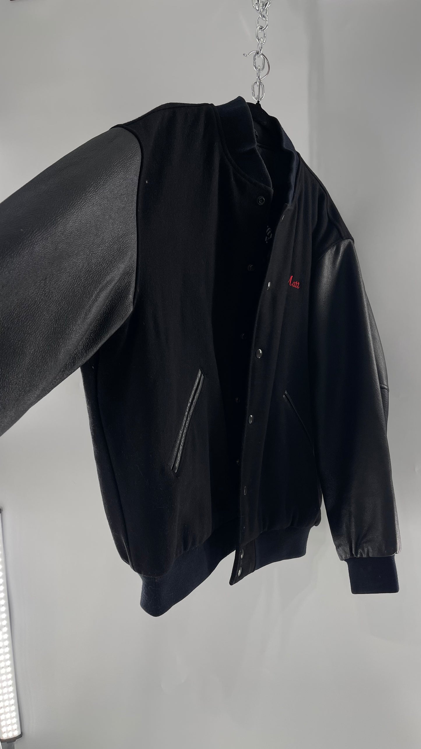 Vintage Somers Football Varsity Jacket with Leather Sleeves “Matt” Embroidery and Red Lettering (XL)