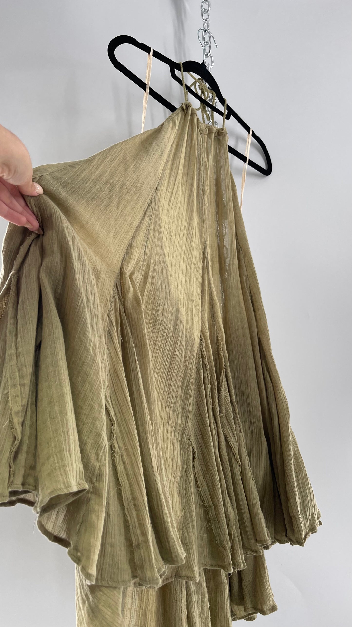 Free People Olive Sage Gauze/Cotton Halter Backless Dress (M)