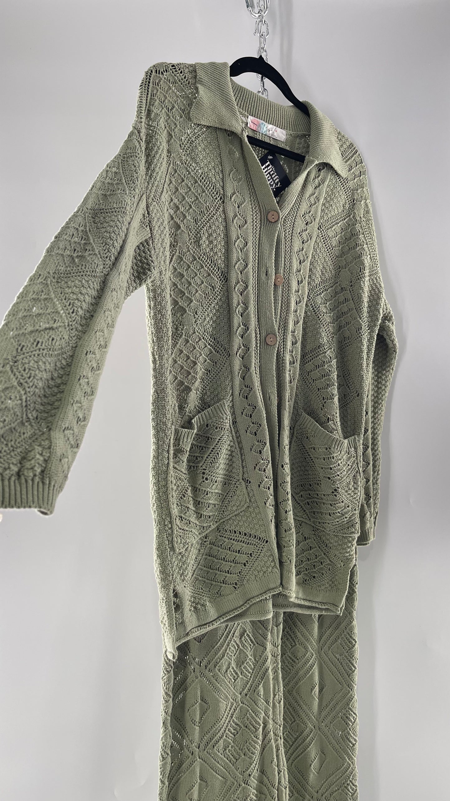 Free People Beach Sage Green Crochet Wooden Button Front Cardigan and Wide Leg Set (Medium)