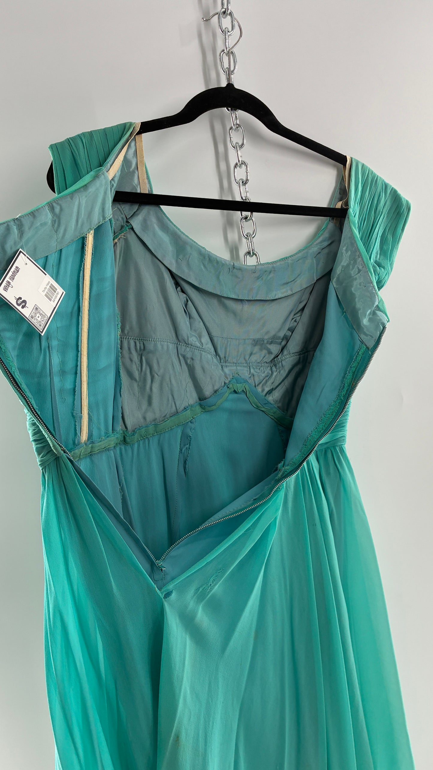 Vintage Teal Handmade Mini Dress with Pleated Basket Woven Bust (XS)