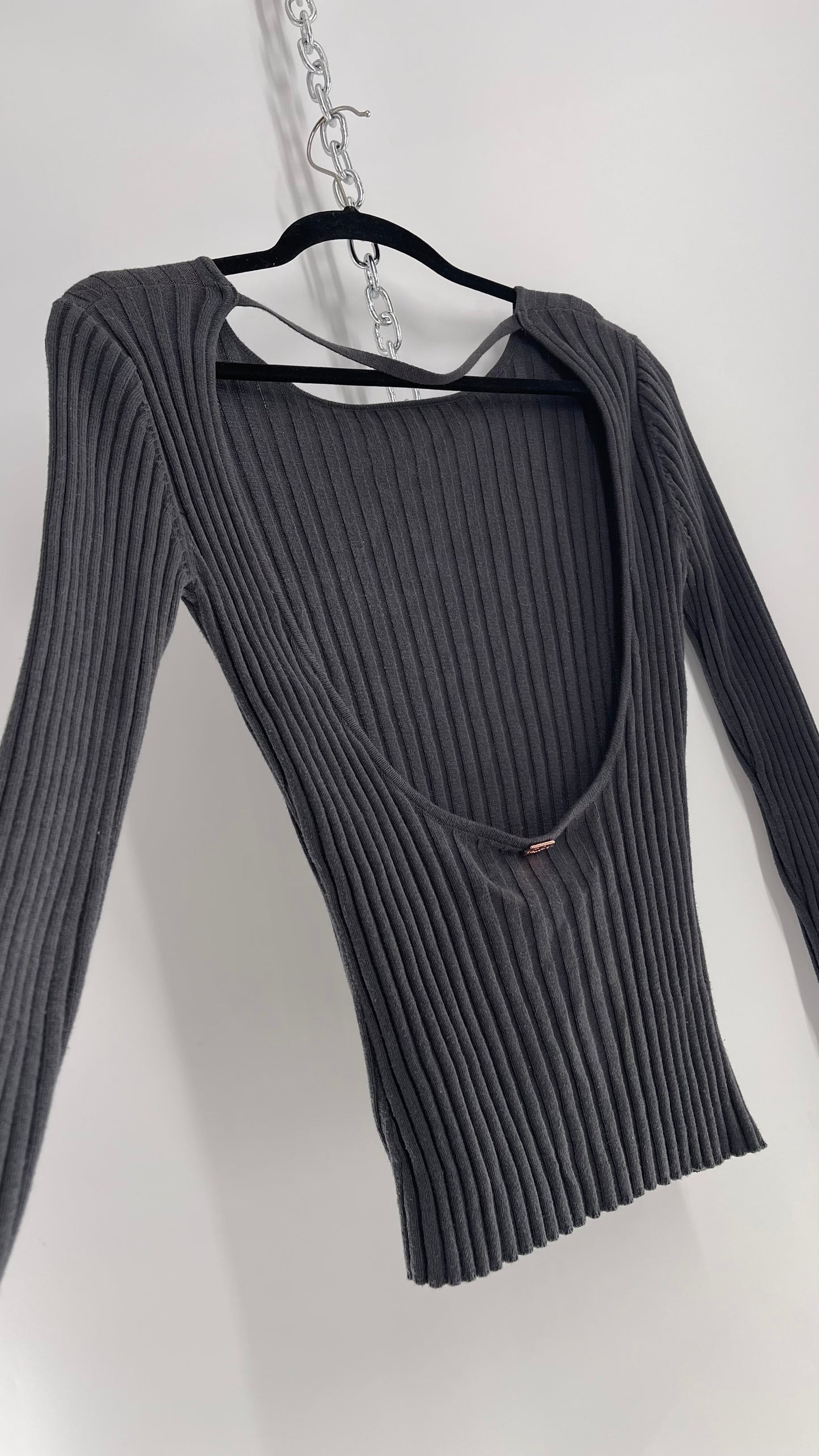 For Love & Lemons Gray Ribbed Low, Open Back Knit Long Sleeve (Medium)