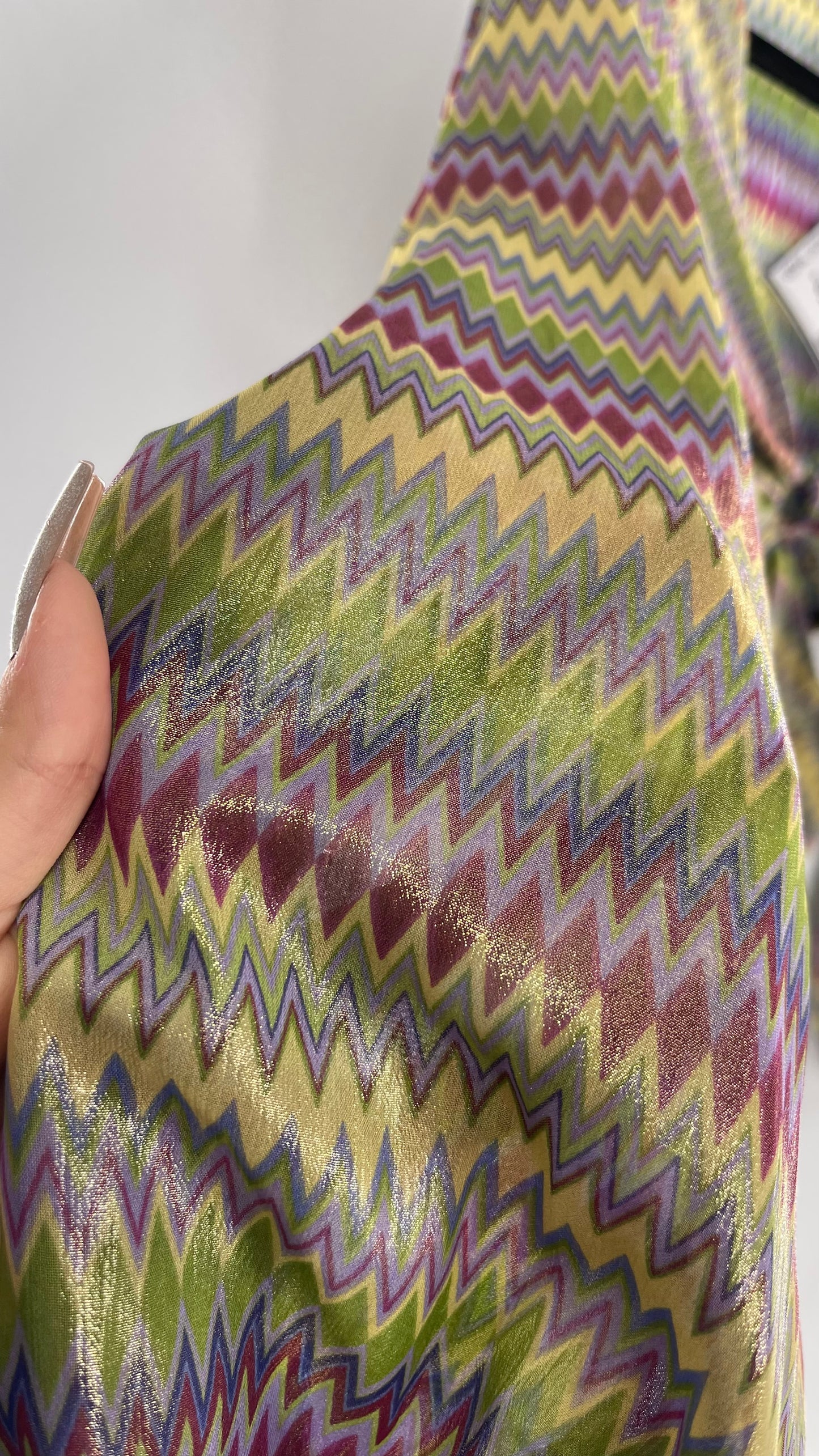 Urban Outfitters Shimmer Top Balloon Sleeve Green Purple Retro Print Cut Out Tie Around Blouse (XS)