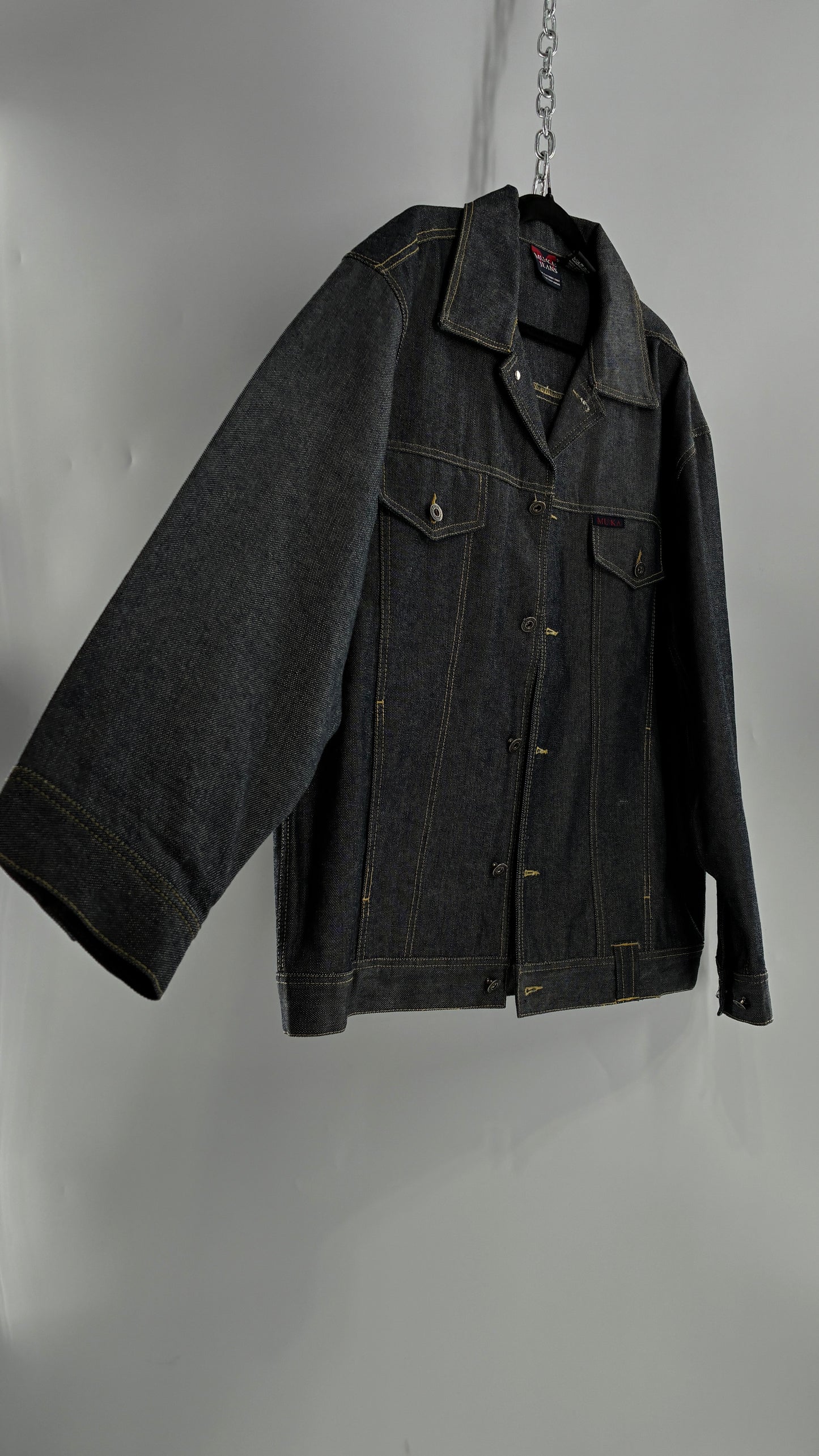 Vintage 1990s MU:KA: JEANS Men’s Dark Wash Japanese Style Denim Baggy Straight Legs and Oversized Jacket Set (L, 32x32)