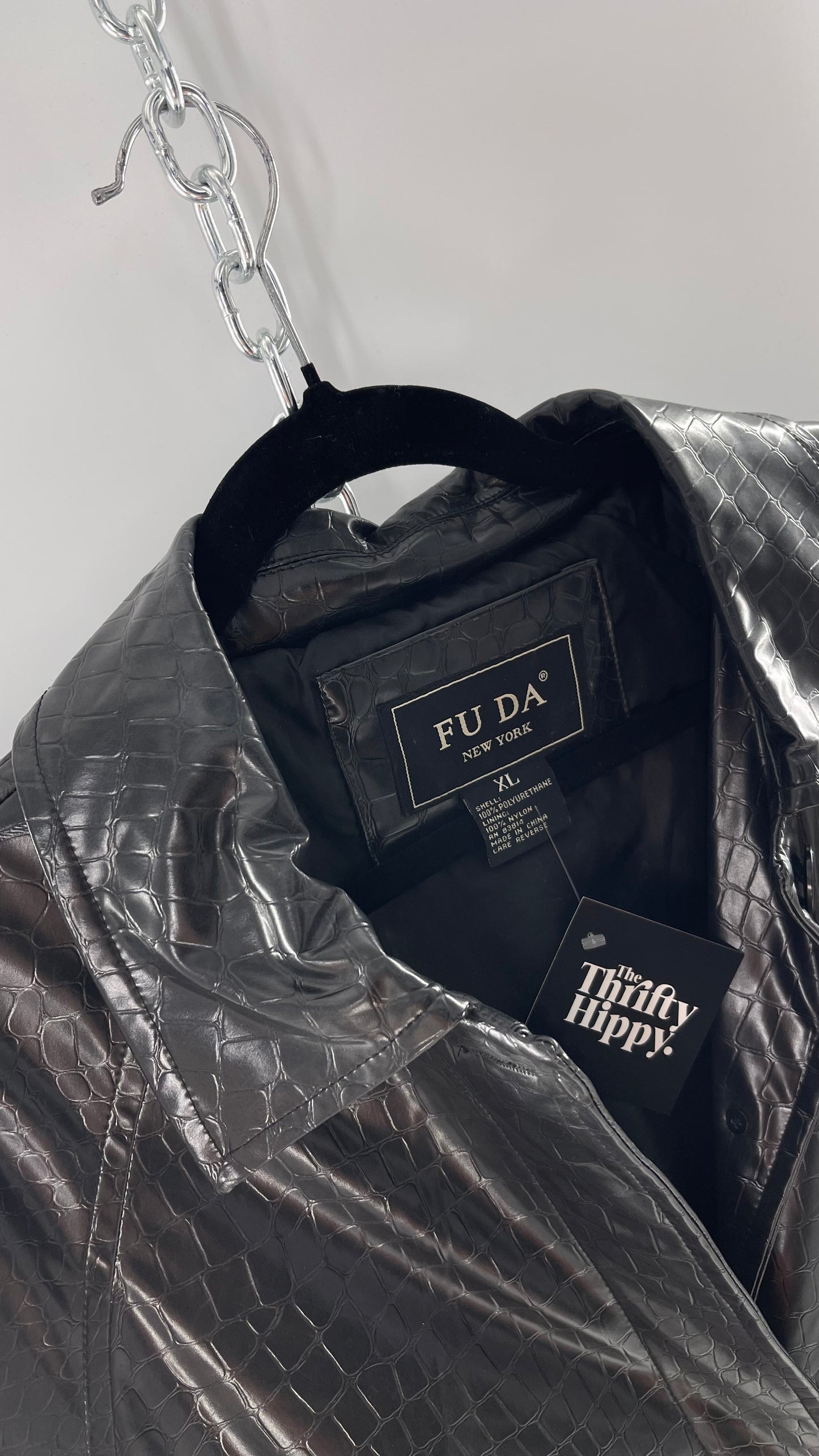 FU DA NEW YORK Black Crocodile Embossed Coat (C) (XL)