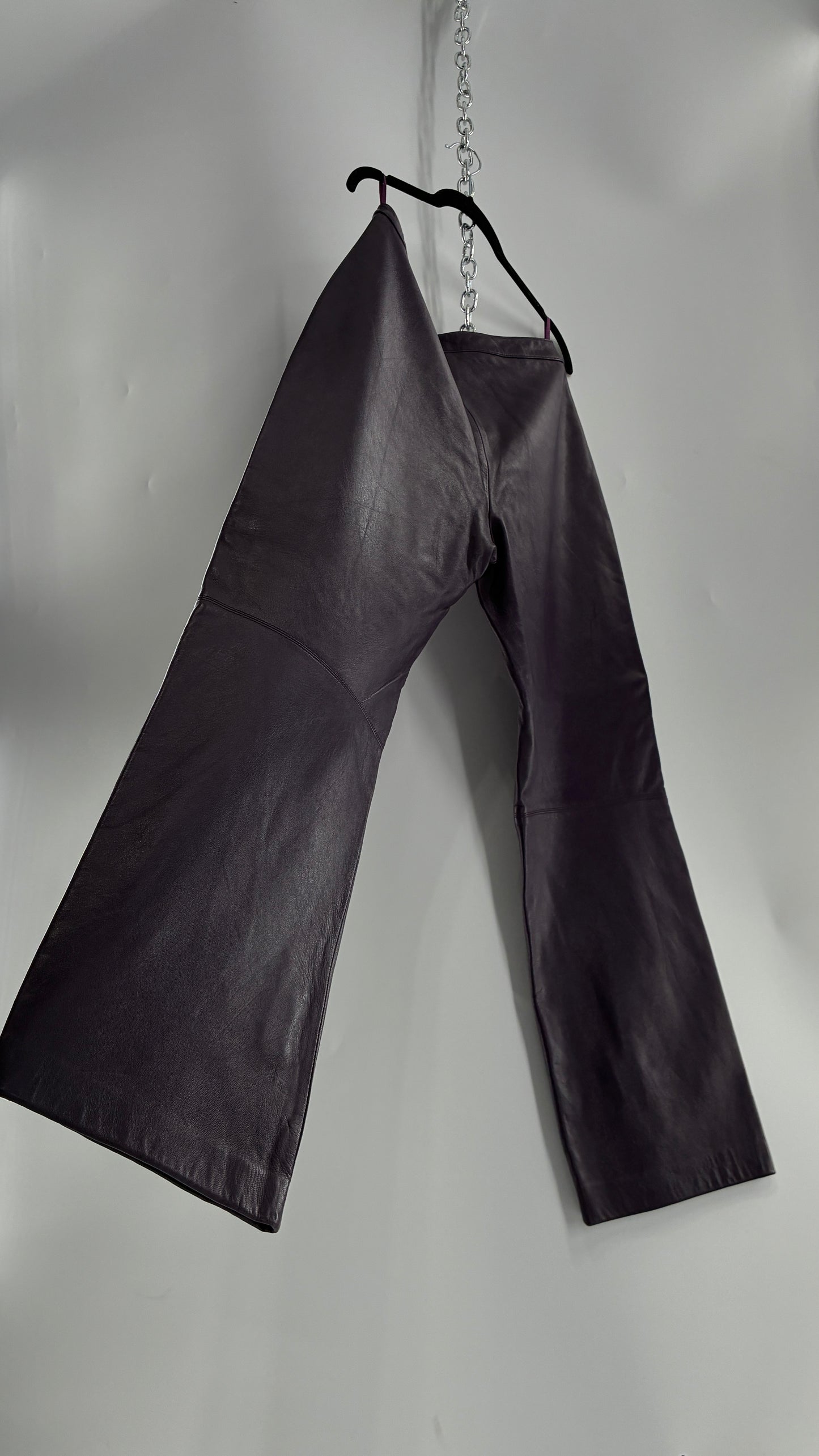 Vintage SHIN CHOI Genuine Italian Leather Purple Side Closure Low Rise Pants (12)