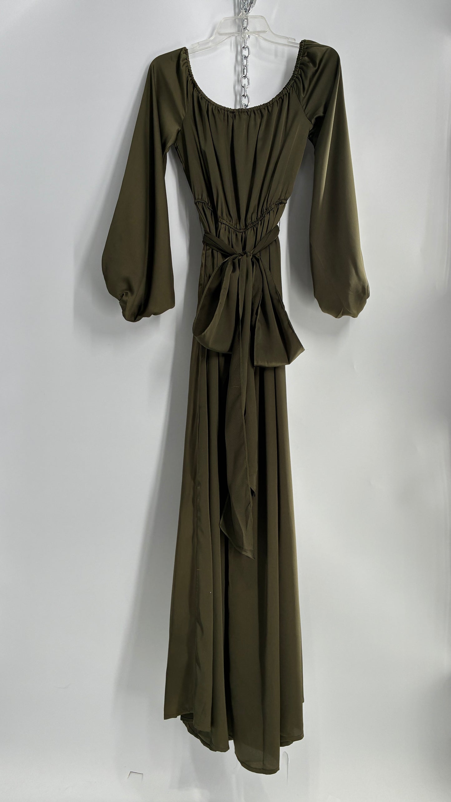 Dress Day Army Green Silky Balloon Sleeve Full Length Gown with Slit and Tags Attached (Medium)