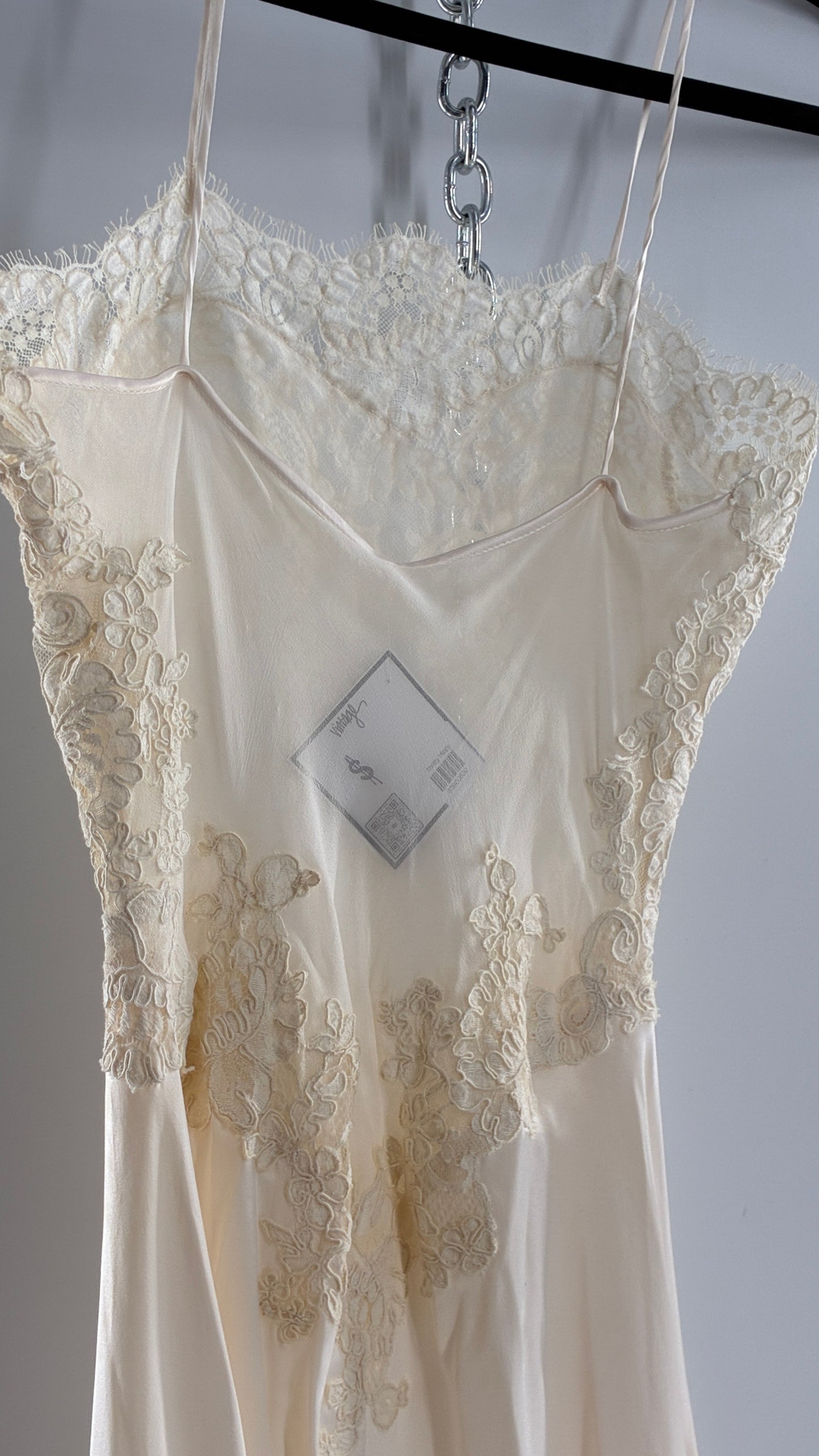 Vintage JONQUIL 100% Silk Gown with Heavy Lace Appliqués and Low Cut Sheer Back (Medium)