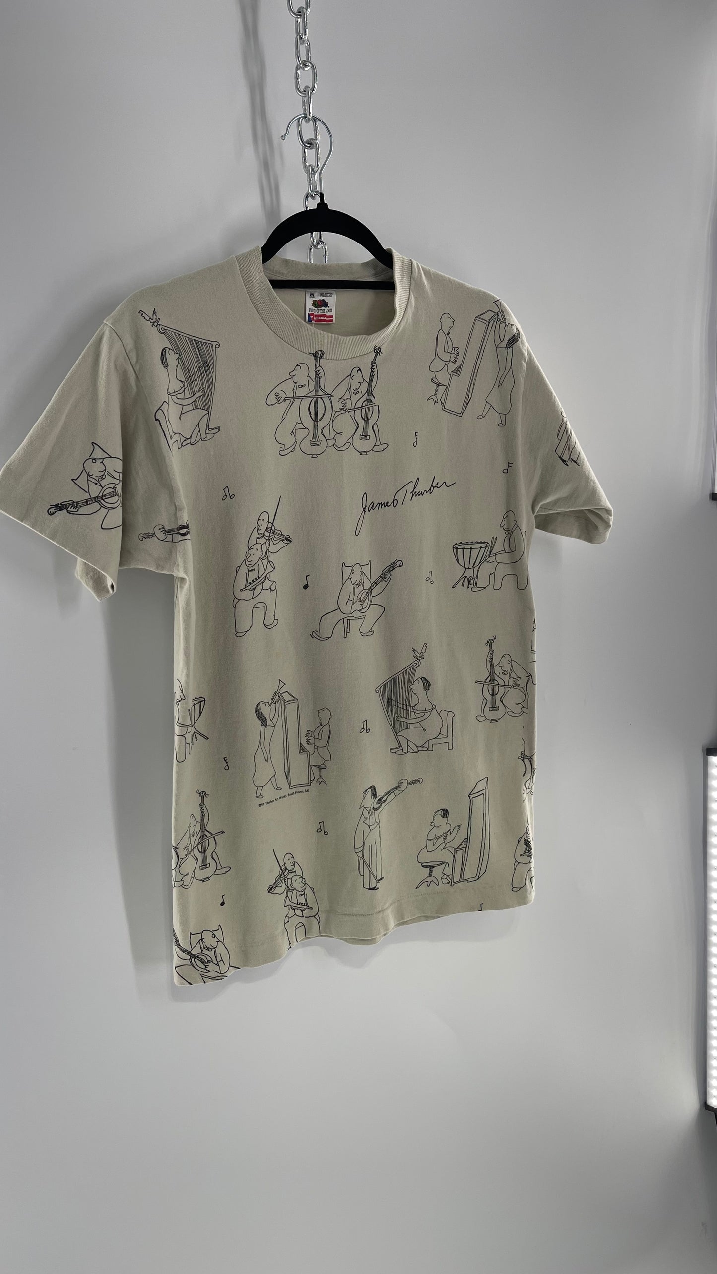 Vintage James Thurber Welcome to the Opera Beige Doodle Comic Sketch T Shirt (M)