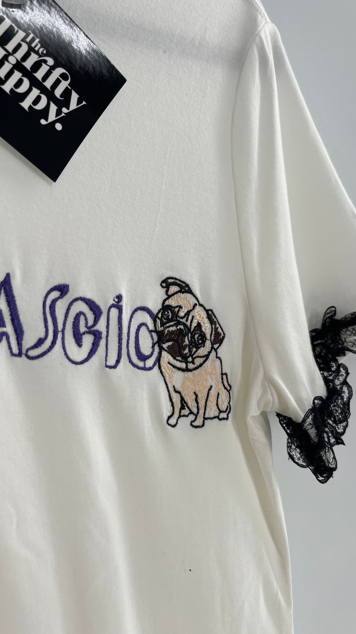 Colin Locascio Tannie T Shirt White Black Lace Ruffle Sleeves Frog Embroidery (Small)