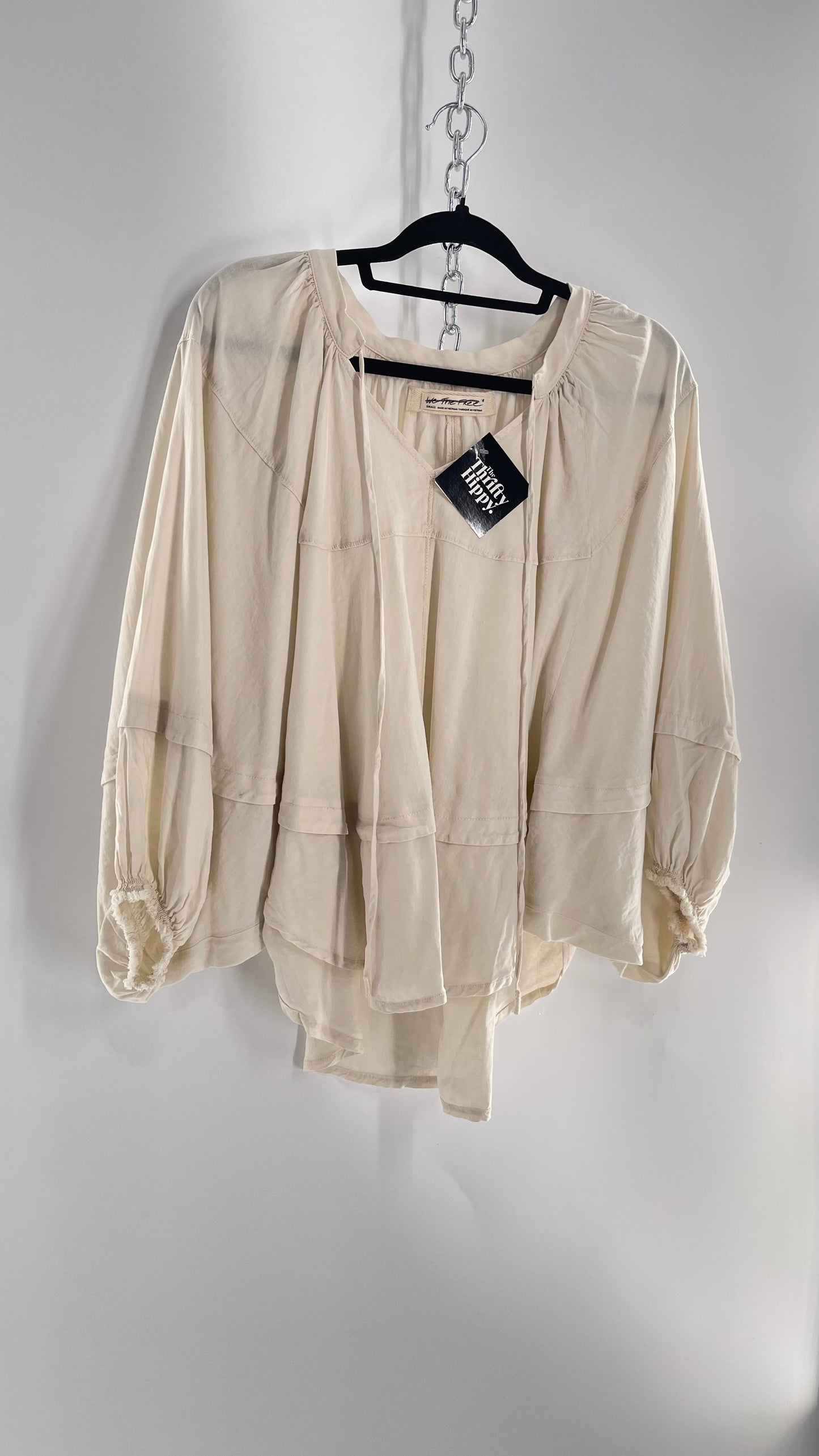 Free People Beige Off White Billow/ Prairie Sleeve Cape Blouse (Small)