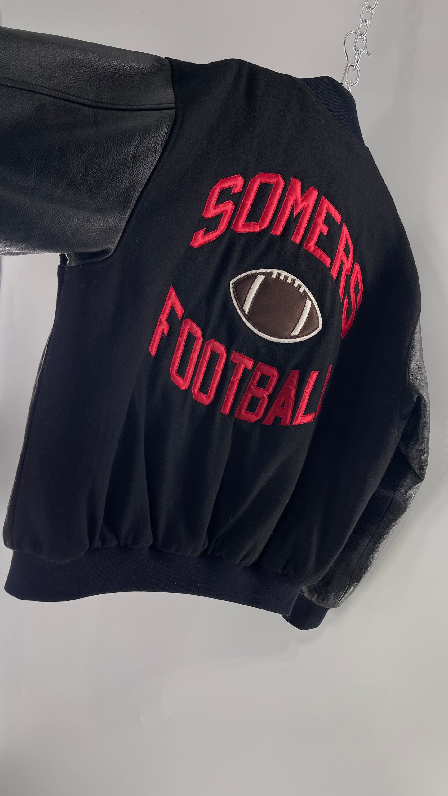 Vintage Somers Football Varsity Jacket with Leather Sleeves “Matt” Embroidery and Red Lettering (XL)