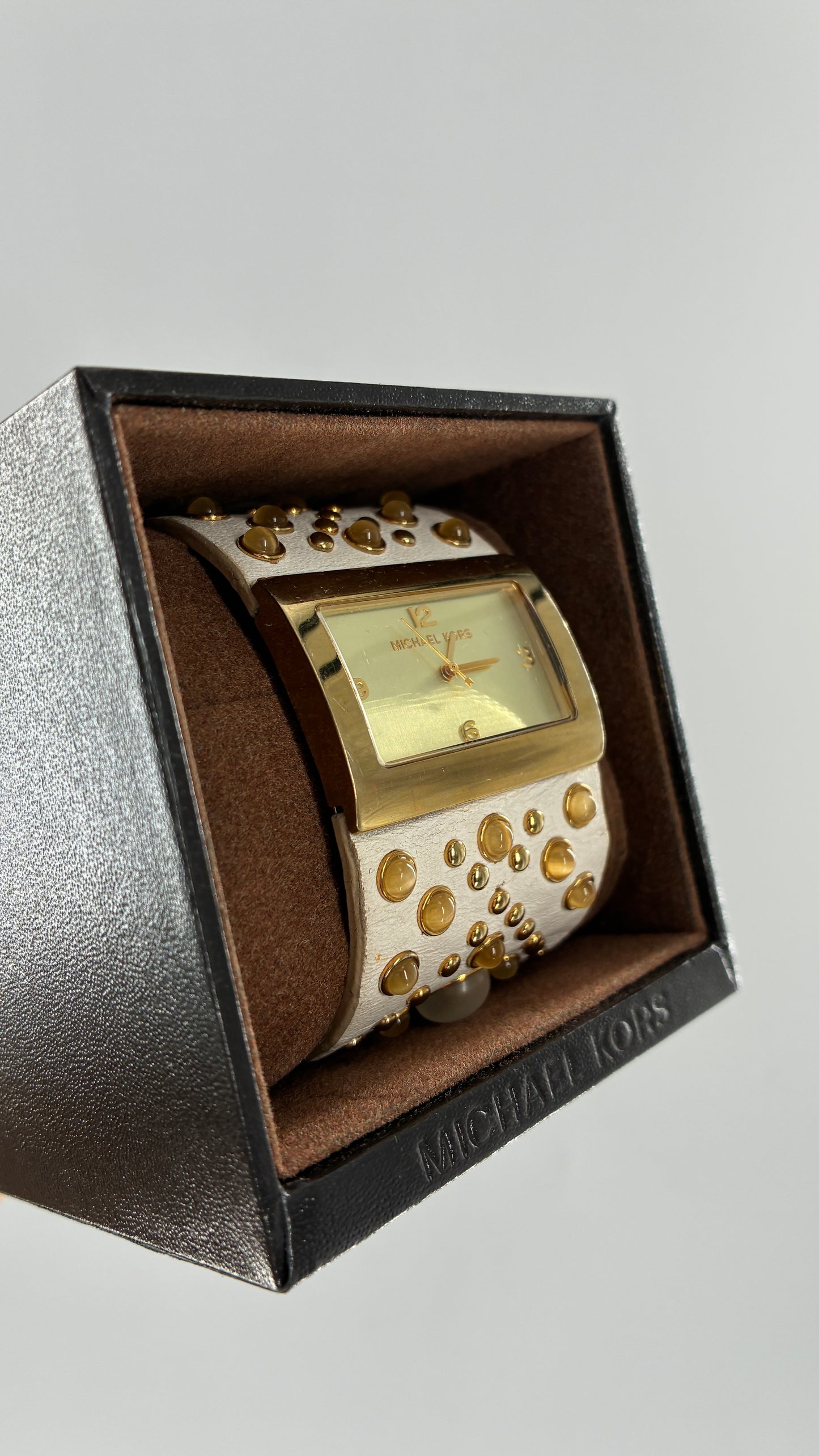 Deadstock Vintage Michael Kors White Leather Studded Cuff Watch