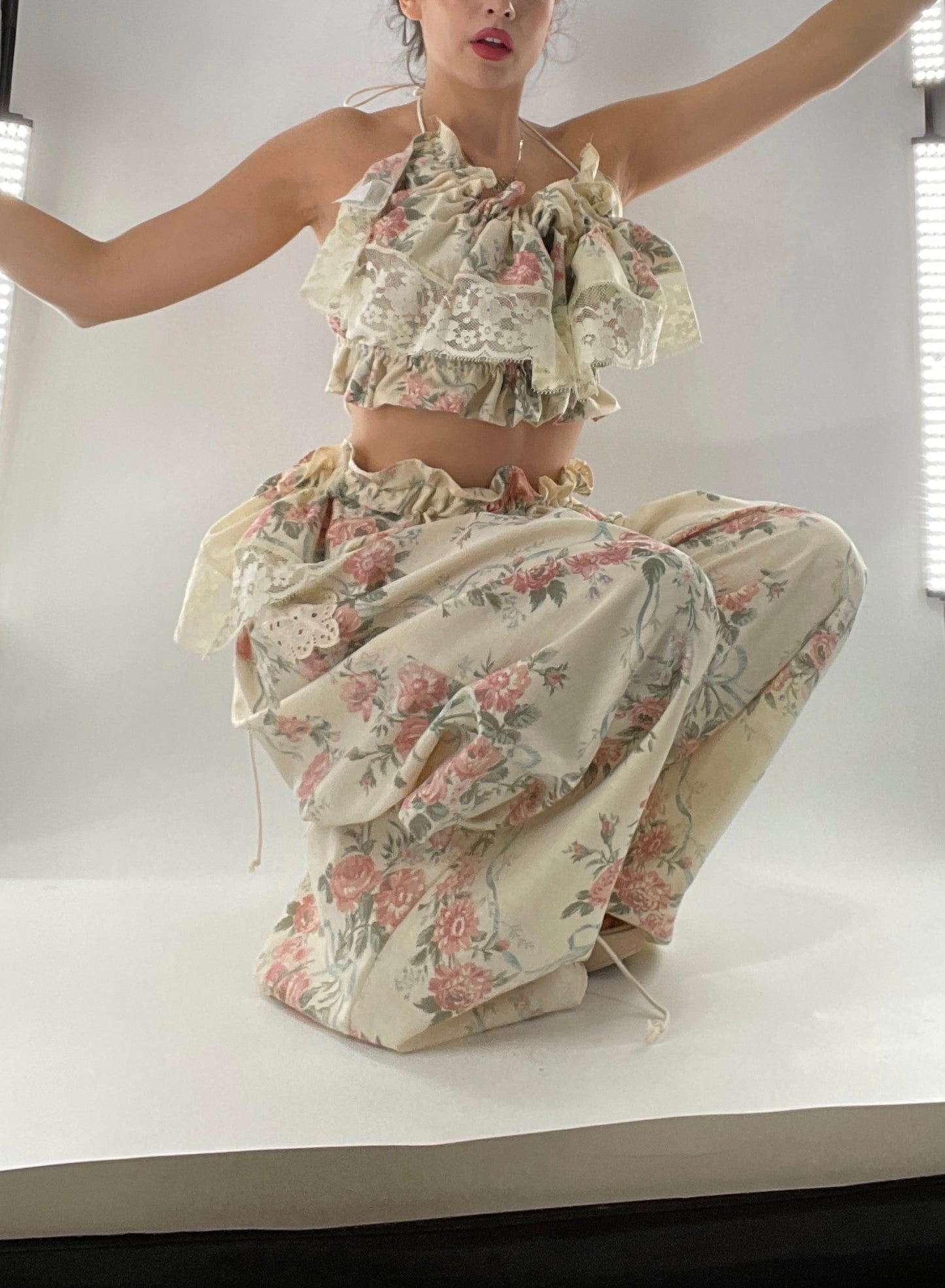 Vintage Set Covered in Delicate Dainty Florals, Bows and Lace (One Size, Adjustable)