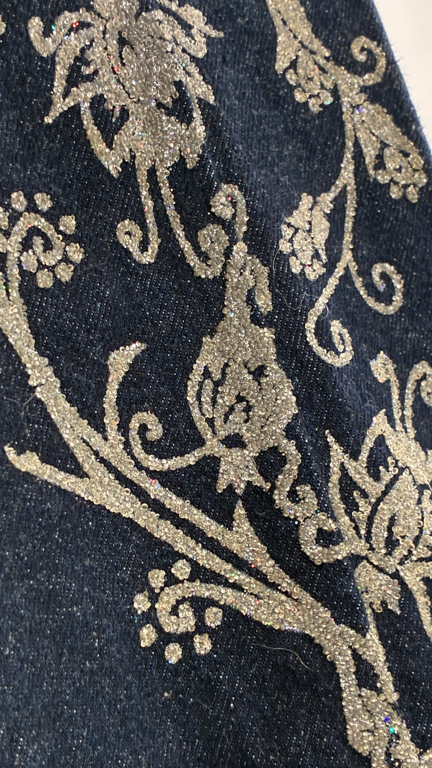 Vintage EXPRESS JEANS Dark Wash with Iridescent, Embellished, Textured Design Running Down Pant Leg (3/4)