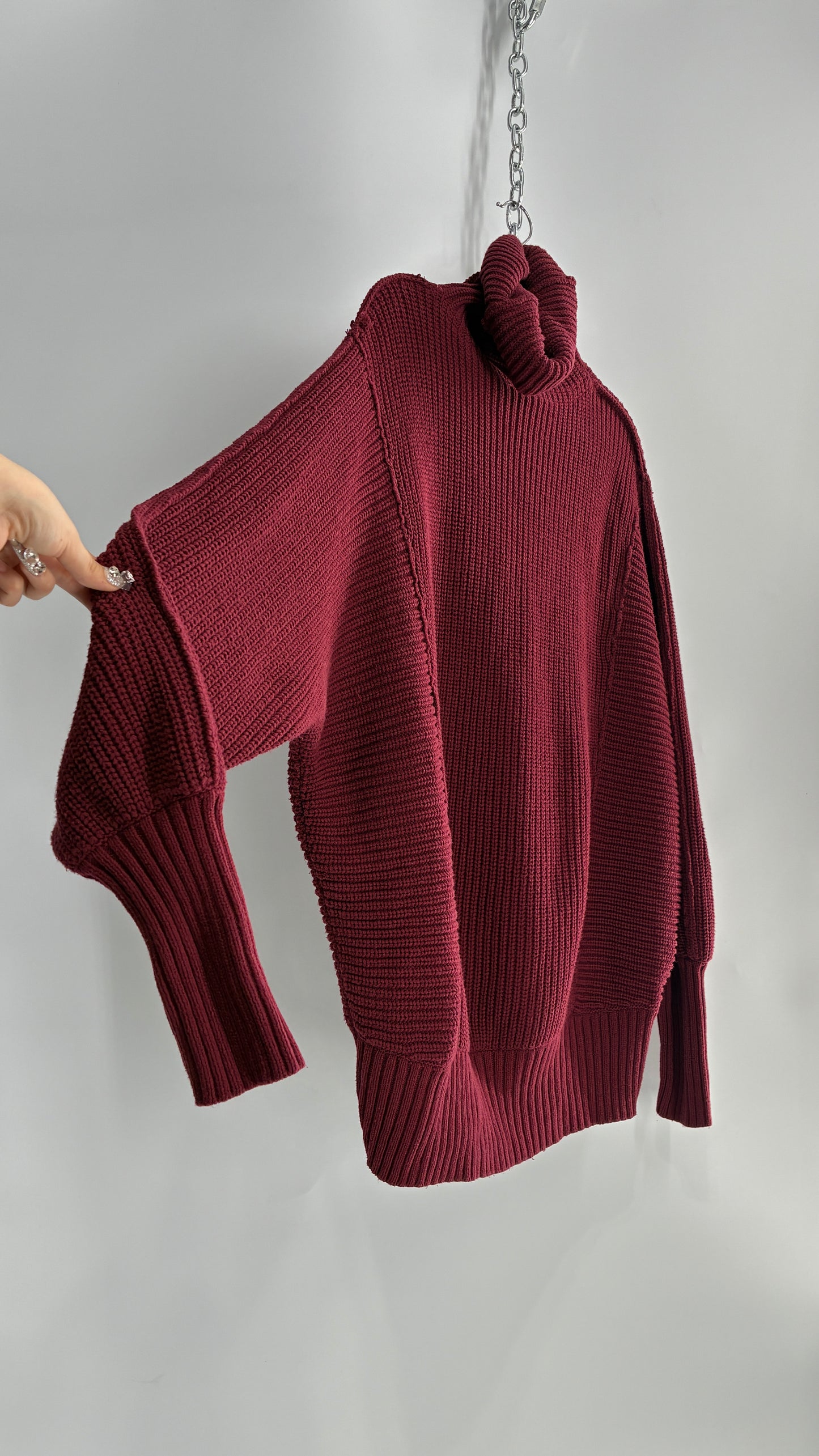 Free People Oversized Heavy Thick Knit Maroon Turtle Neck Sweater (Large)