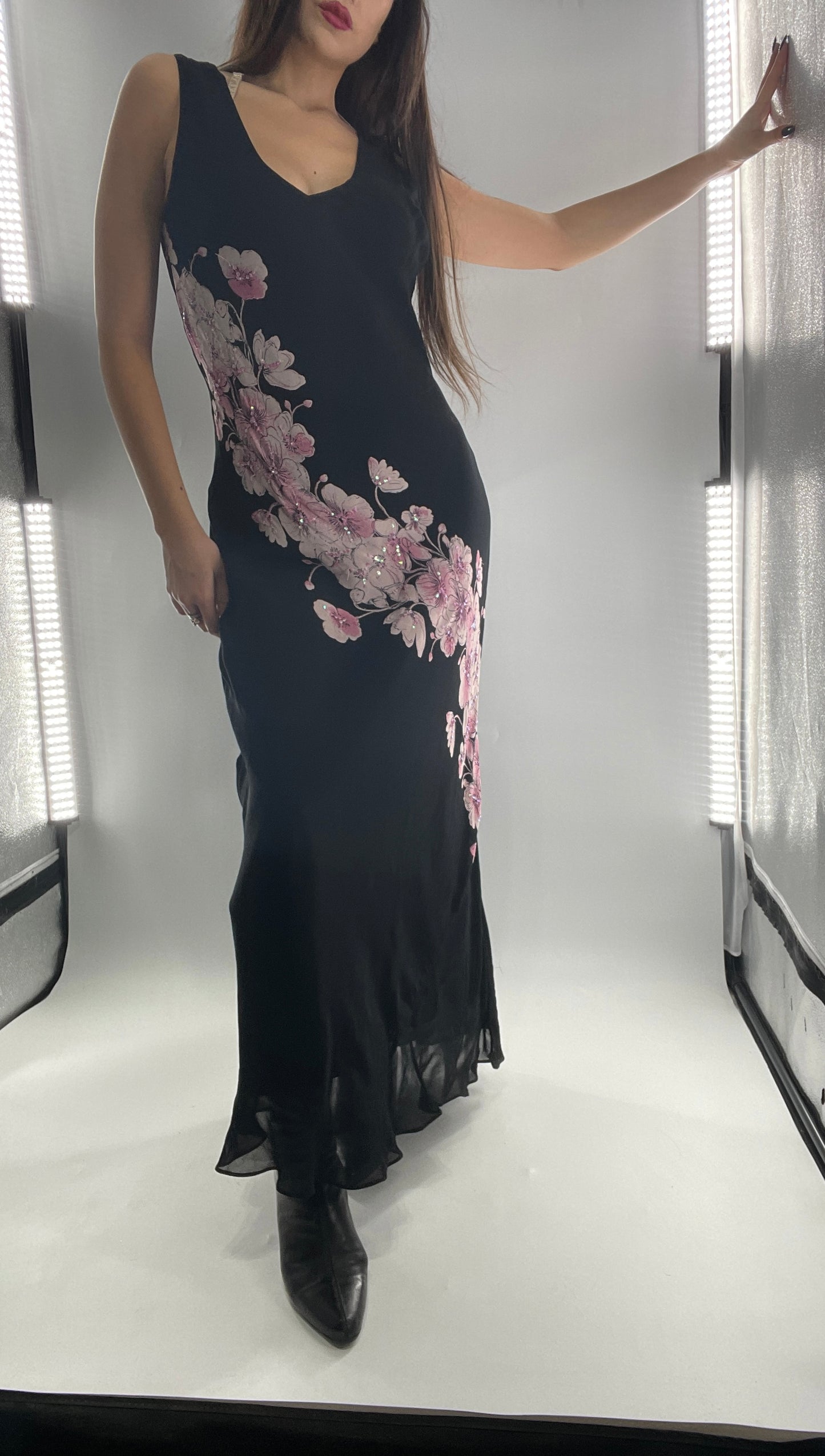 Vintage Dress Barn Black Slinky Maxi Dress with Pink Floral Graphic and Sequins (L)