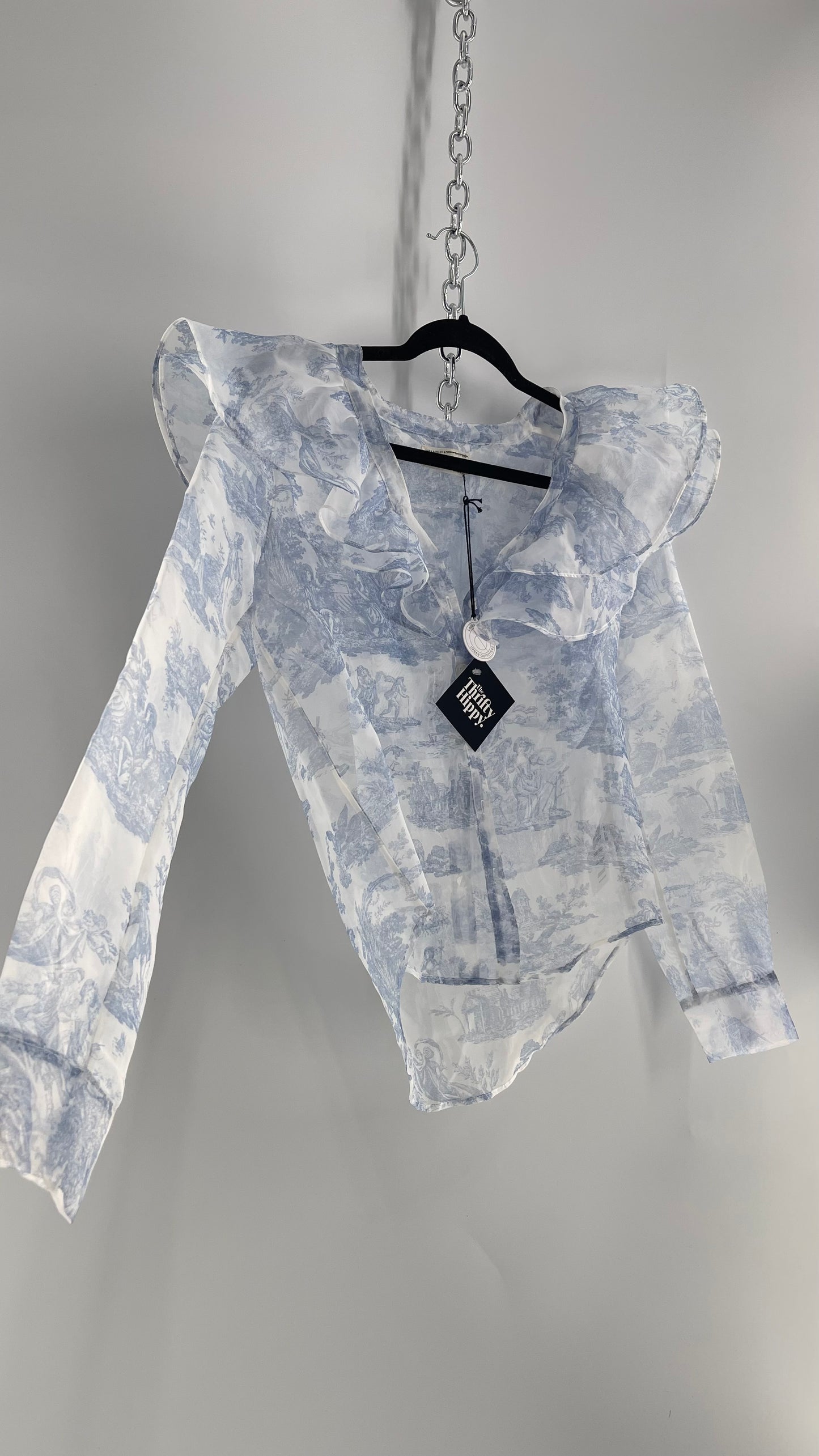 Laura Ashley Urban Outfitters Voile Sheer Ruffled Shoulder Button Up with Blue Vintage Print (XS)