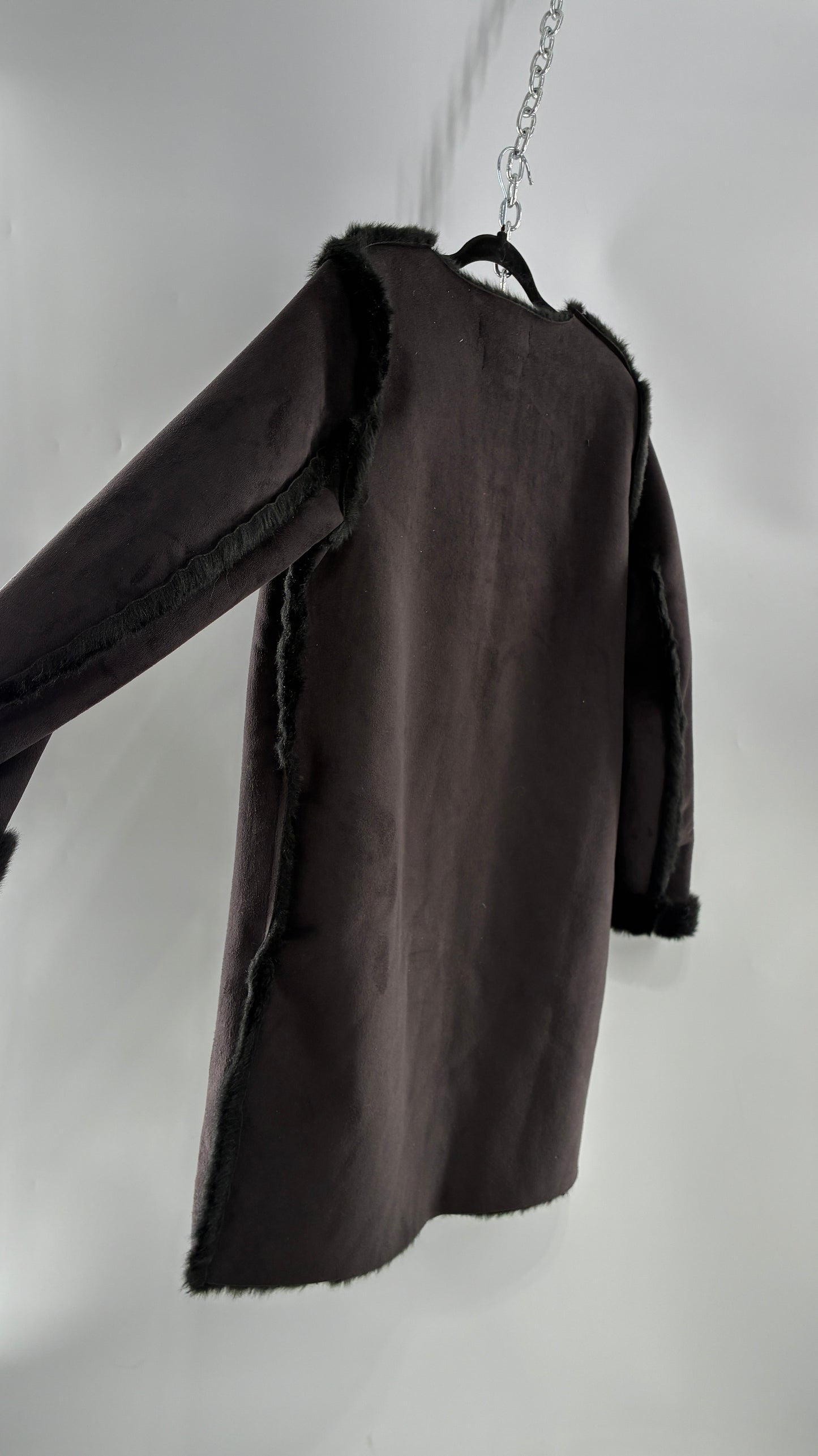 Vintage H&M Black Faux Suede Coat with Faux Fur Piping (12)