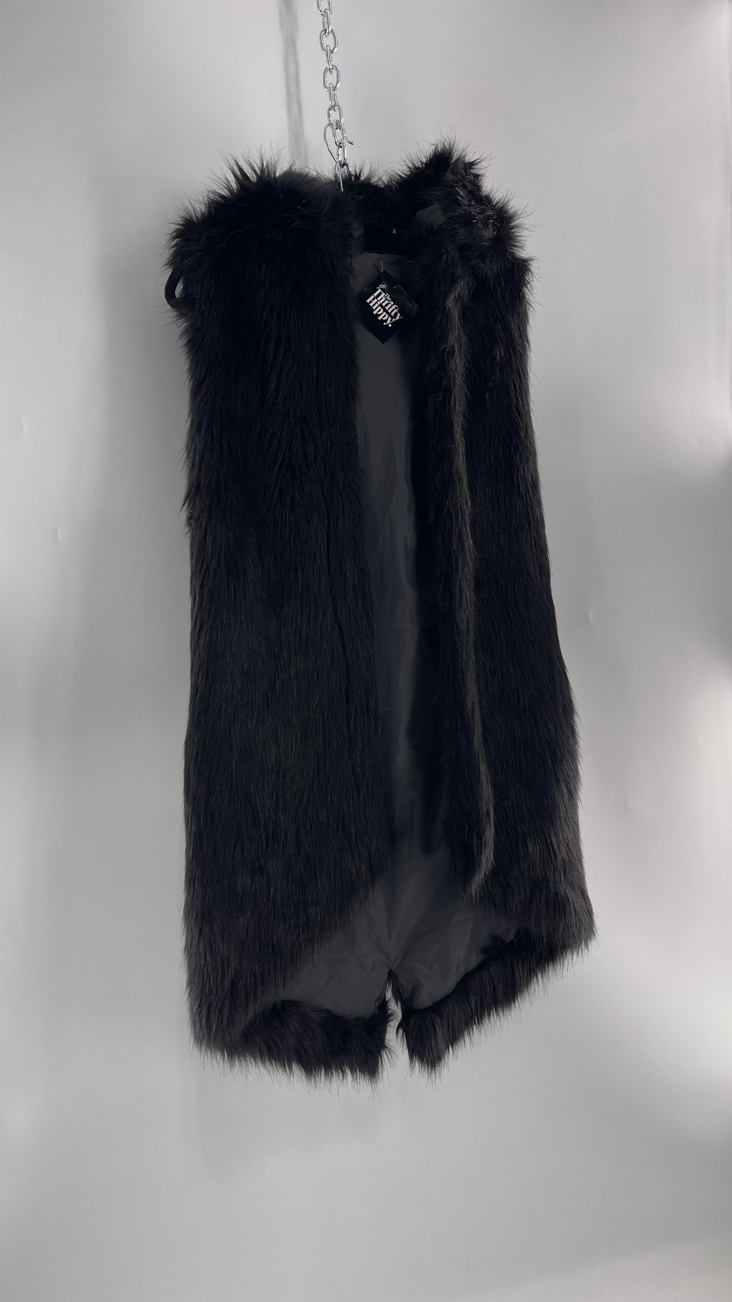 Full Length Black Fuzzy Sleeveless Vest with Oversized Hood (Medium)