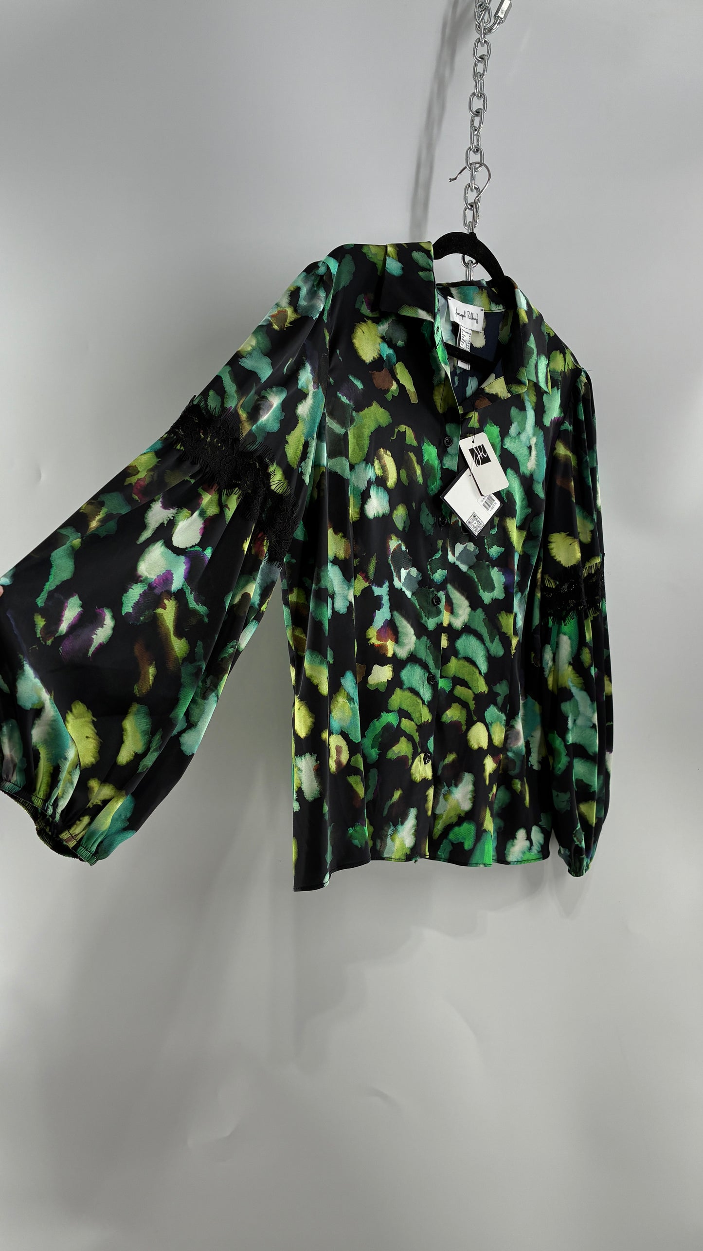 JOSEPH RIBKOFF Green Graphic Balloon Sleeve Blouse with Tags Attached (14)