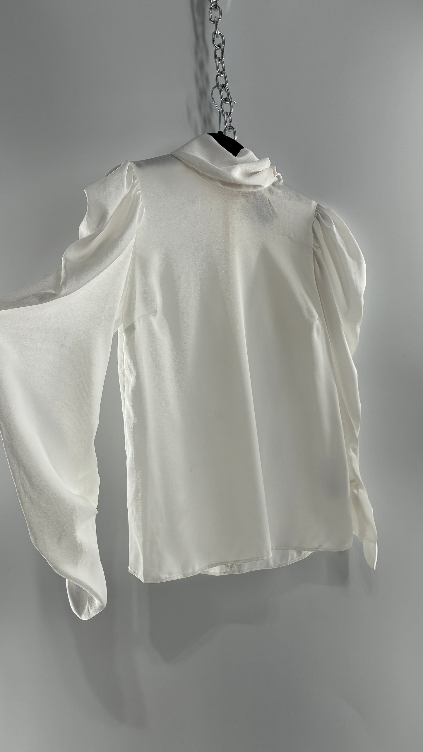KEEPSAKE Anthropologie White Puff, Balloon Sleeve Blouse with Neck Tie Detail (XS)