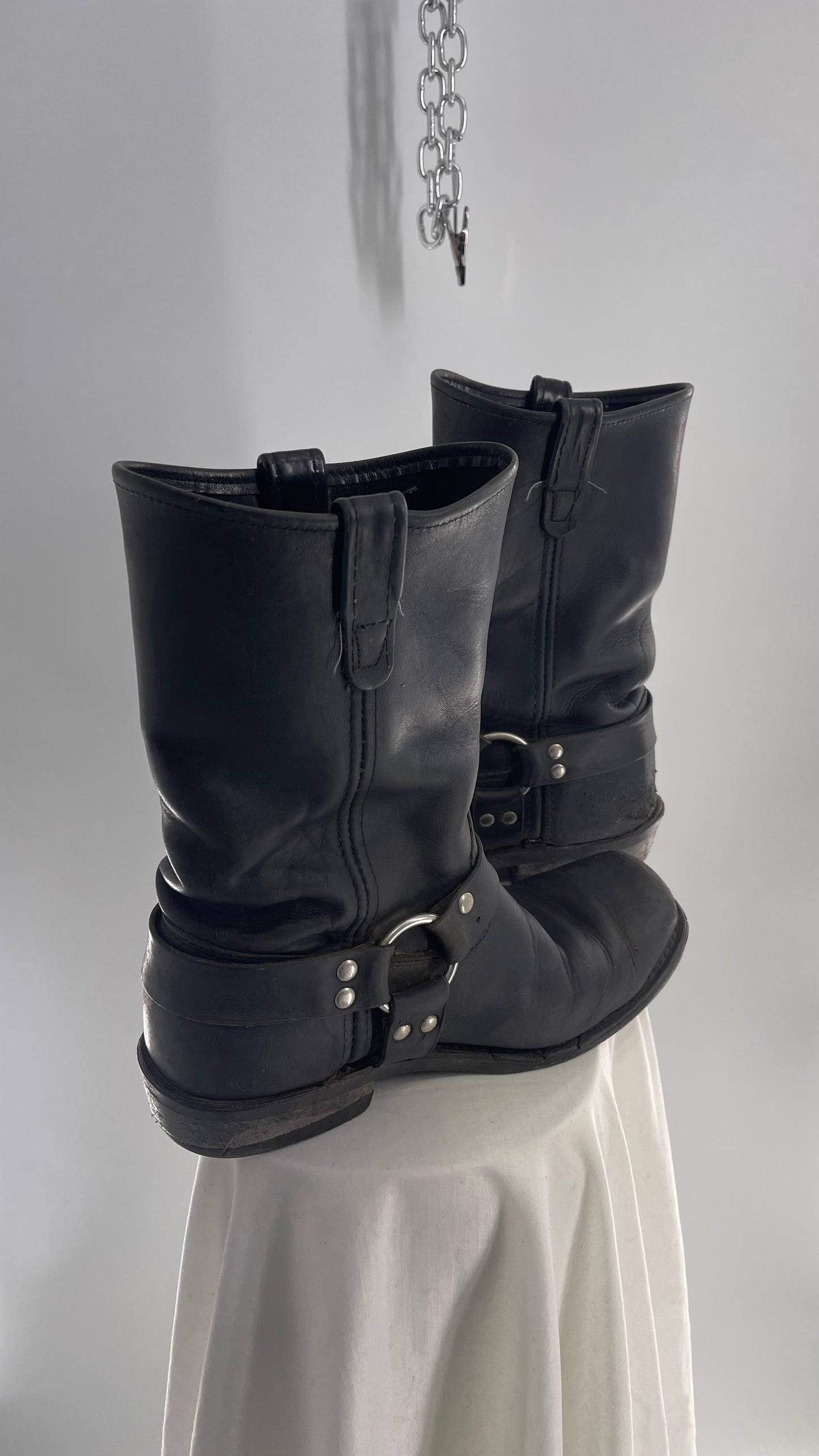Vintage SIERRA Black Heavy Duty Sloppy Scuffed Distressed Leather Motorcycle Boots (10.5)