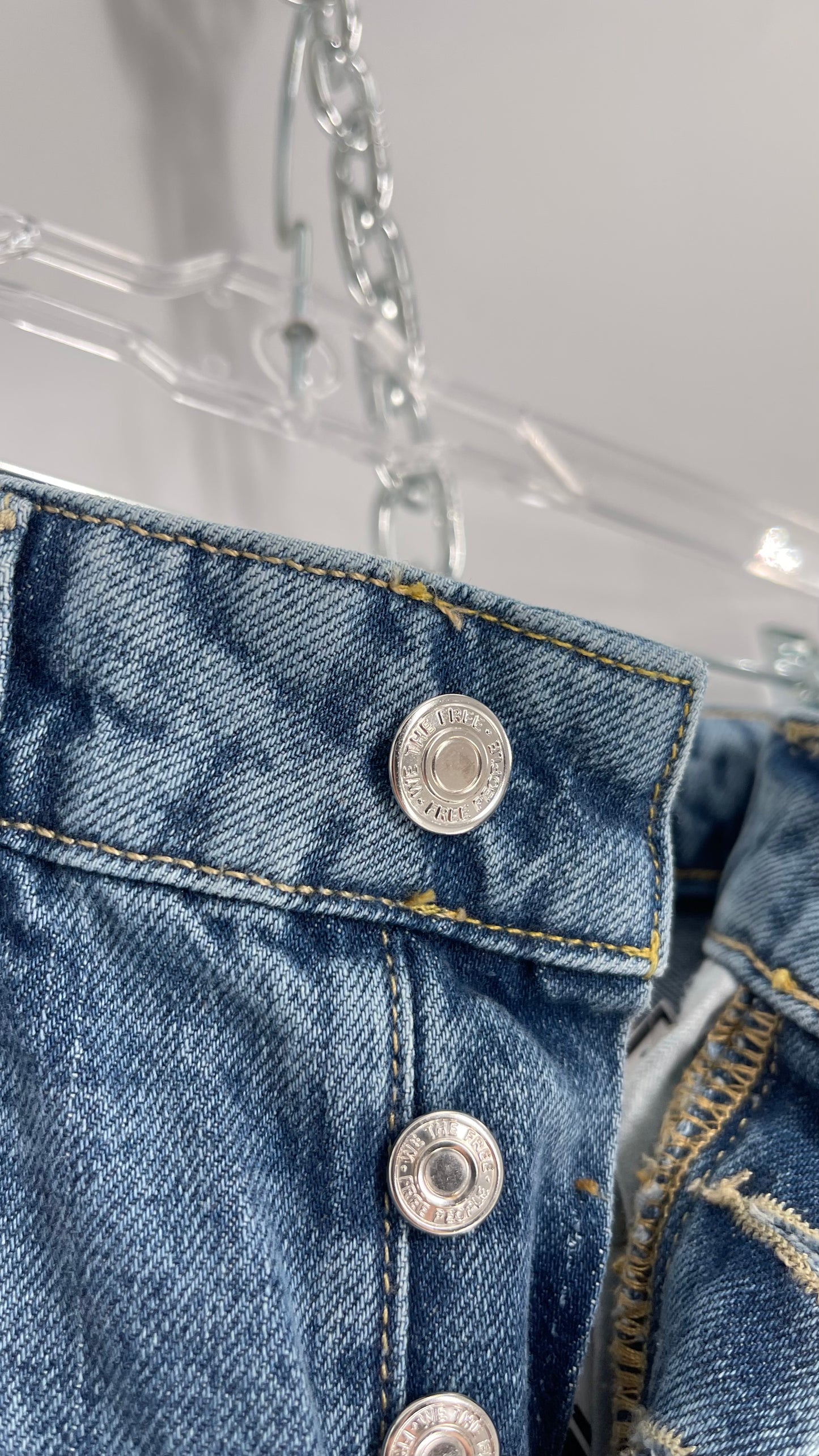 Free People Light Wash Straight Leg Jeans with Distressed Hem, Double Pockets and White Paint with Tags Attached (25)