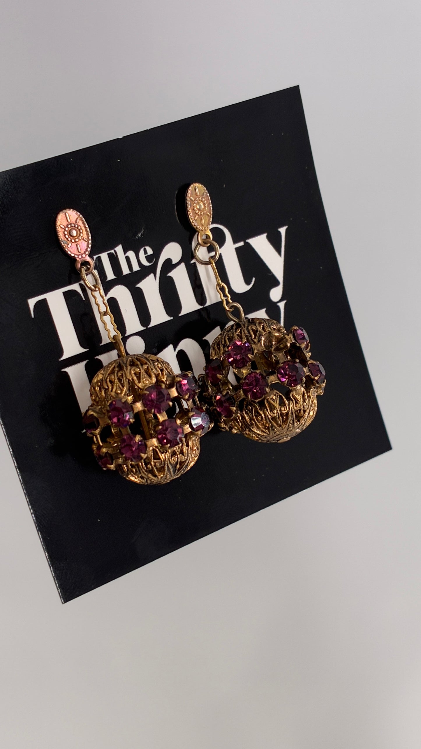 Vintage Bronze Ornate Cage Pendant Earrings with Purple Stone Details