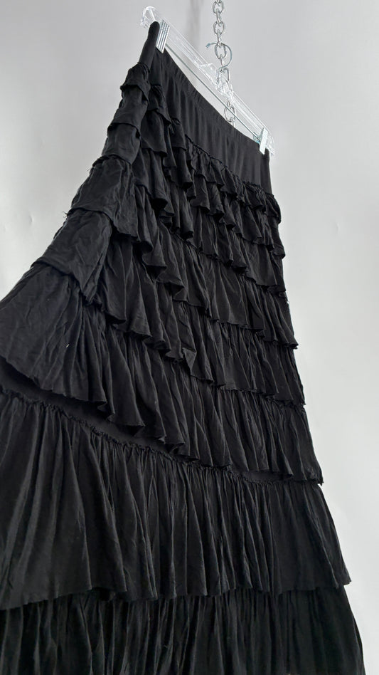 Vintage Black Ruffled 100% Viscose Ruffled Maxi Skirt (PSmall)