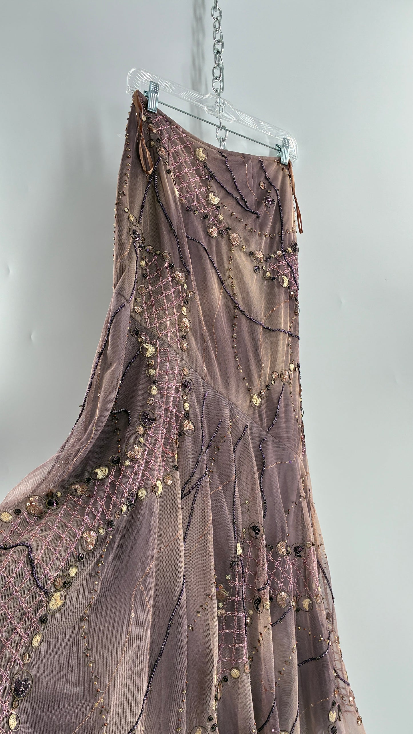 Vintage ALBERTO MAKALI Completely Embroidered and Beaded Maxi Asymmetric Dusty Purple Skirt (4)