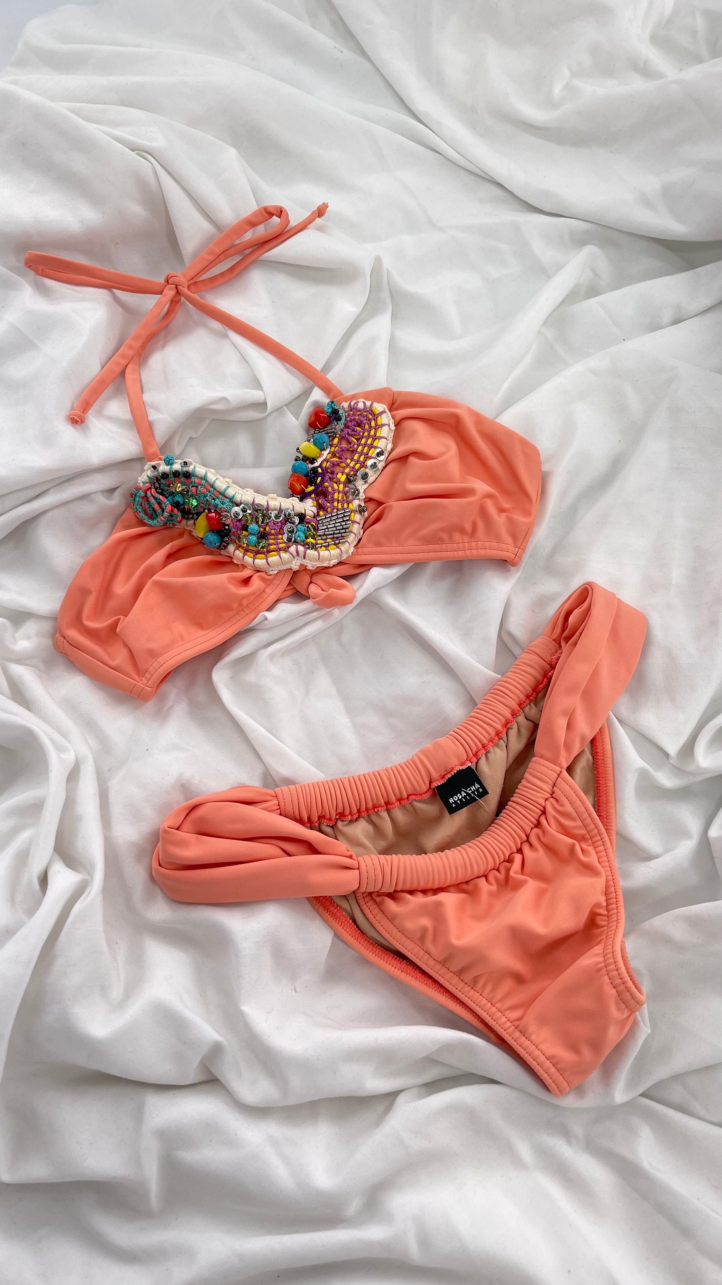 ROSA CHÁ Attelier Designer Pink/Salmon Thick Swim Set with Ruched Bottoms and Embellished Top (Small)