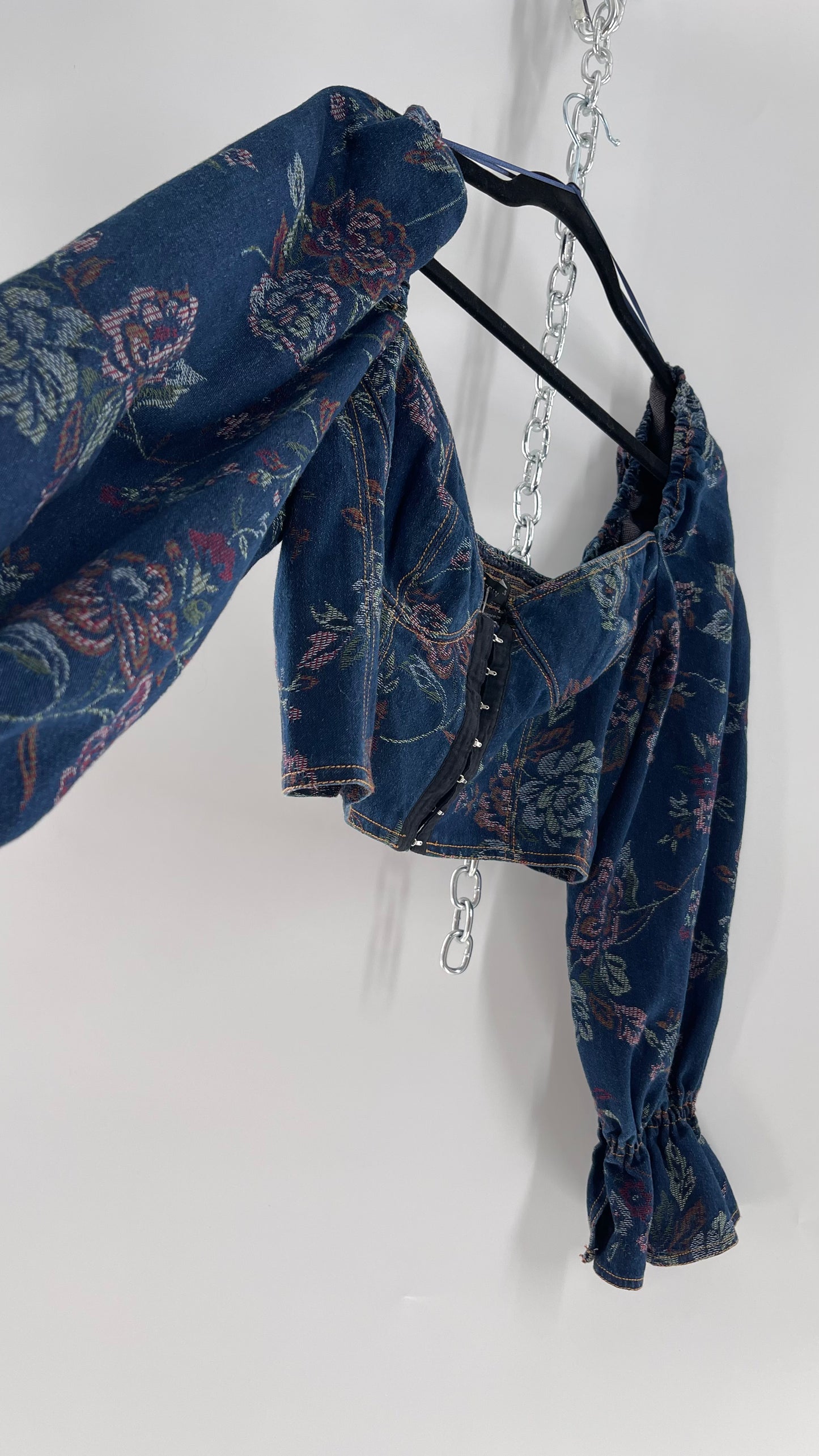 Urban Outfitters Denim Cropped Corset Grommet Balloon Sleeve Blouse (Large)