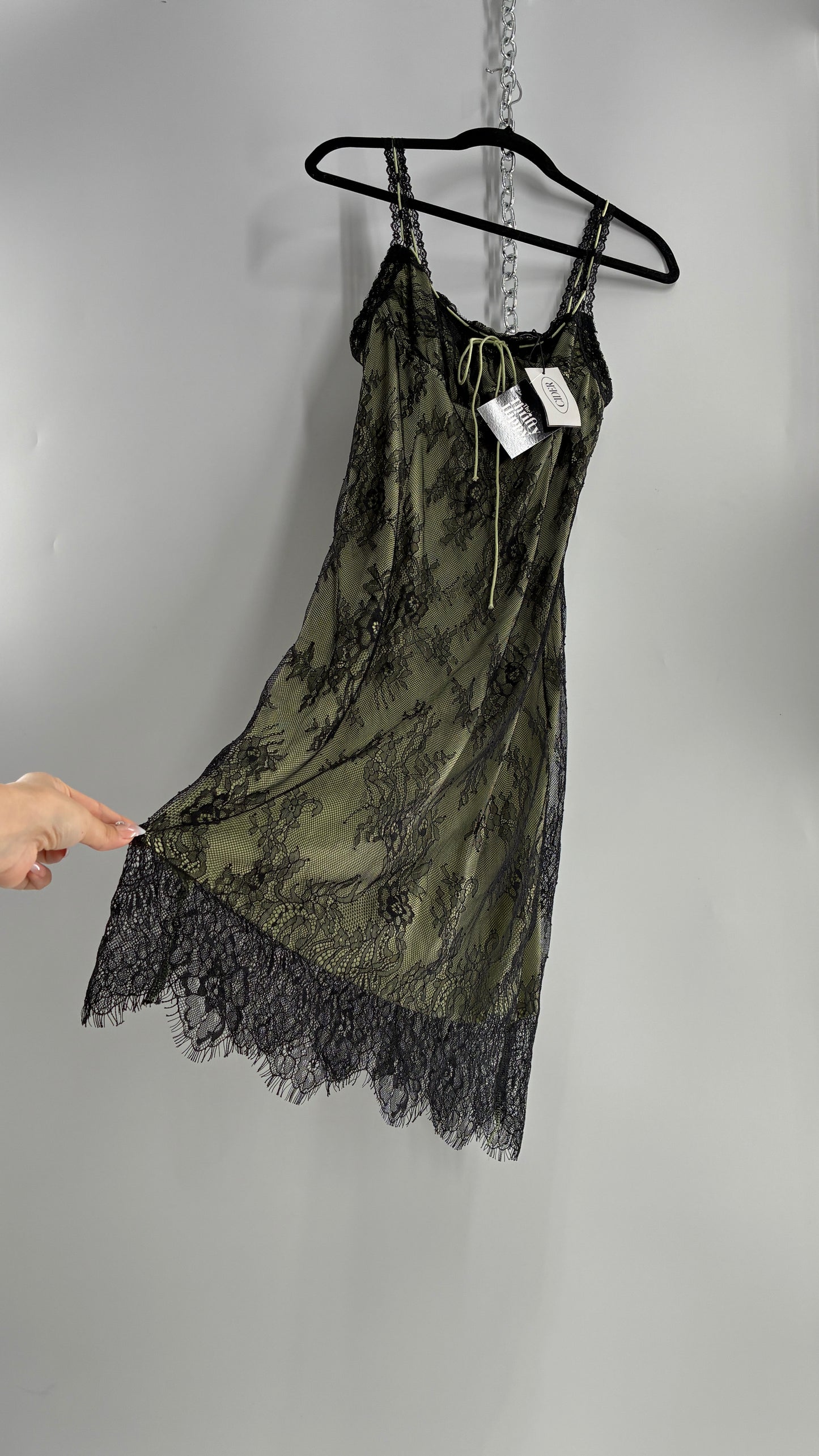 CIDER Green Midi Dress with Black Overlay Lace (Large)