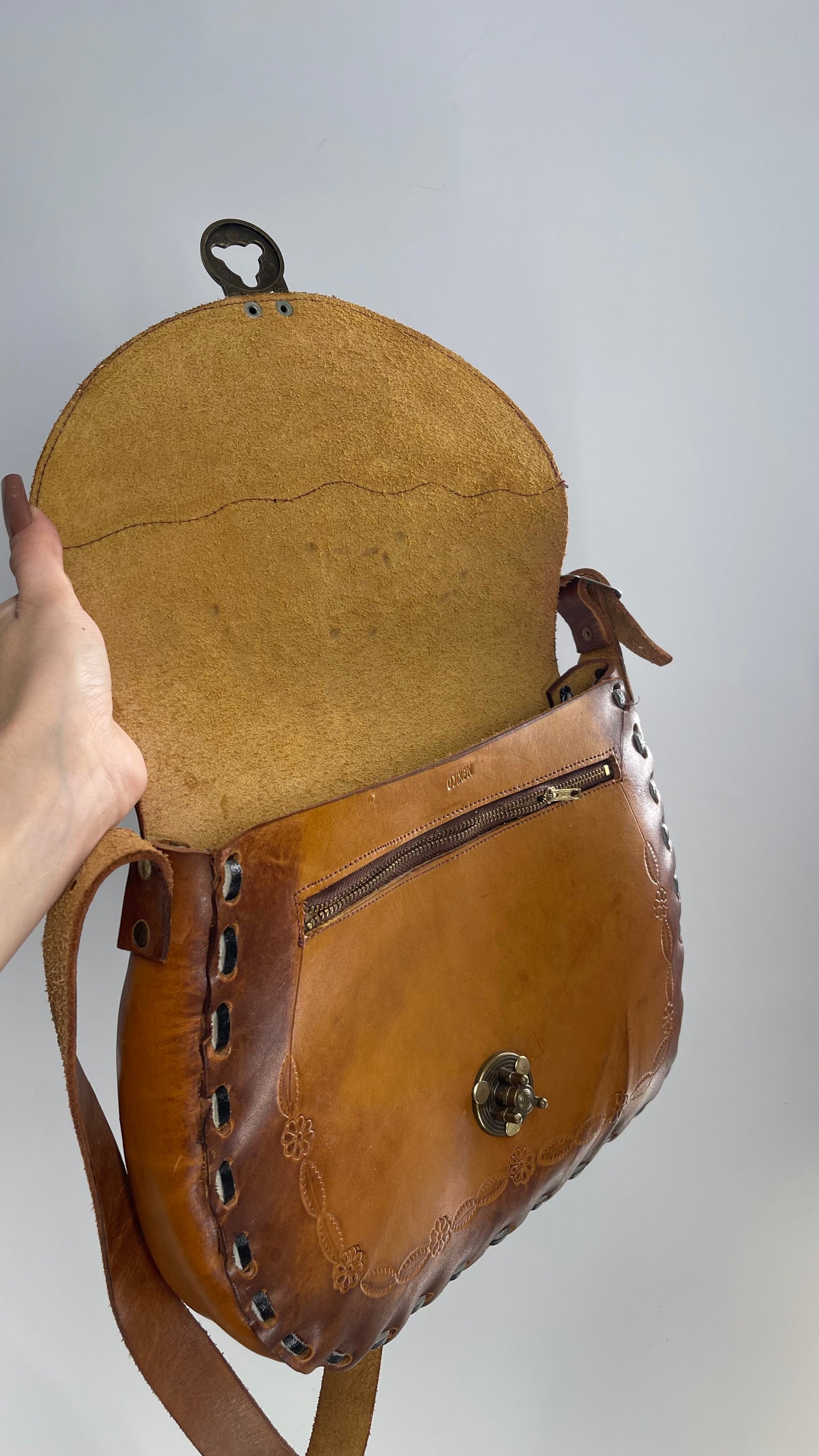 Vintage 1970s Mexico Leather Saddle Bag with Engravings, Stitching and Turnstile Closure